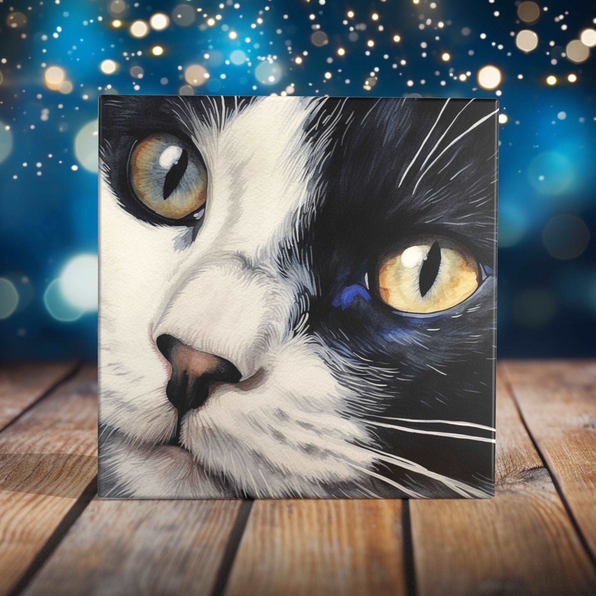 Peeping Tom's Cottage Custom Printed Tile Captivating Feline Gaze Art Tile - Handmade Black and White Cat Portrait for Home and Office Decor