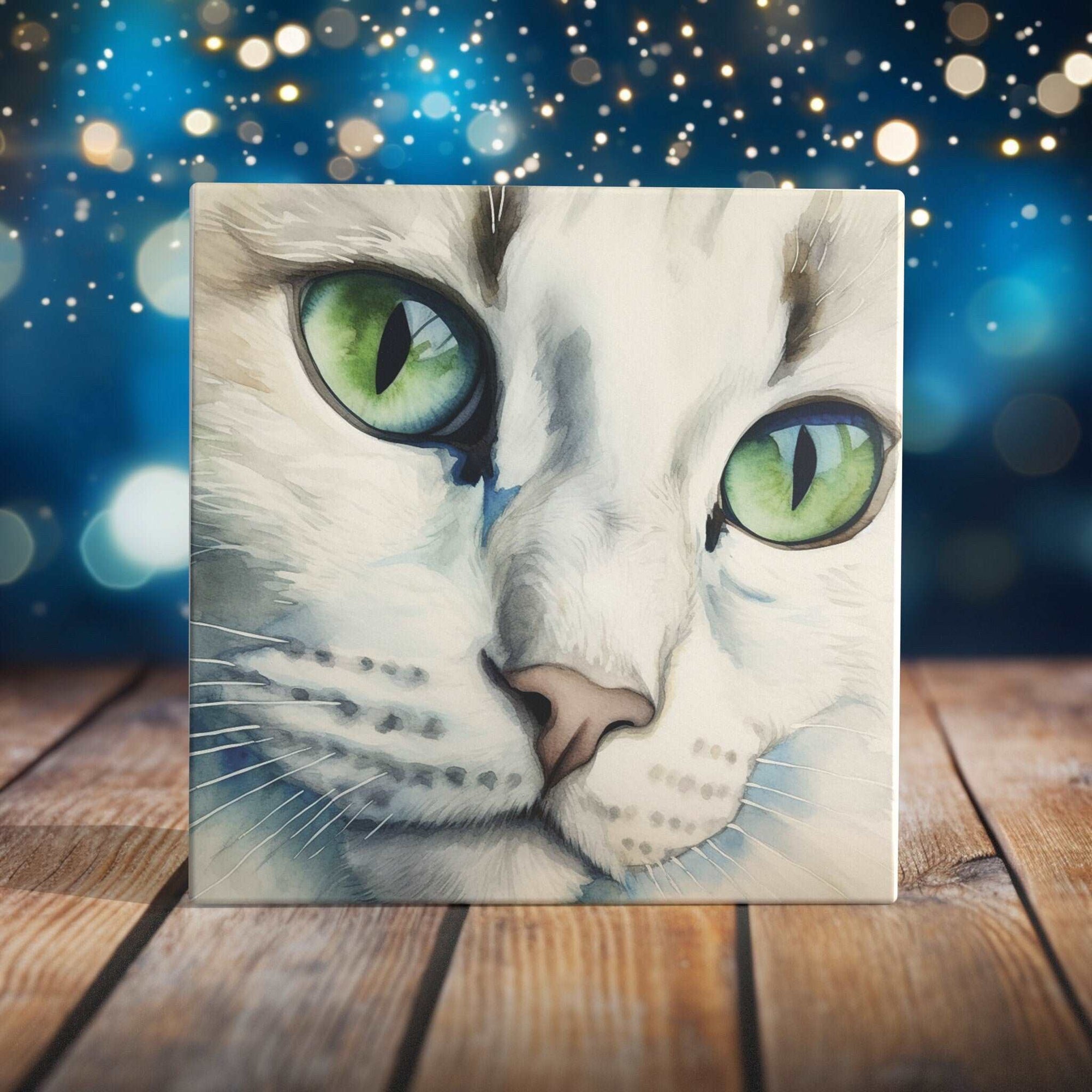 Peeping Tom's Cottage Custom Printed Tile Captivating Gaze - Close-Up White Cat with Green Eyes Watercolor Art Tile