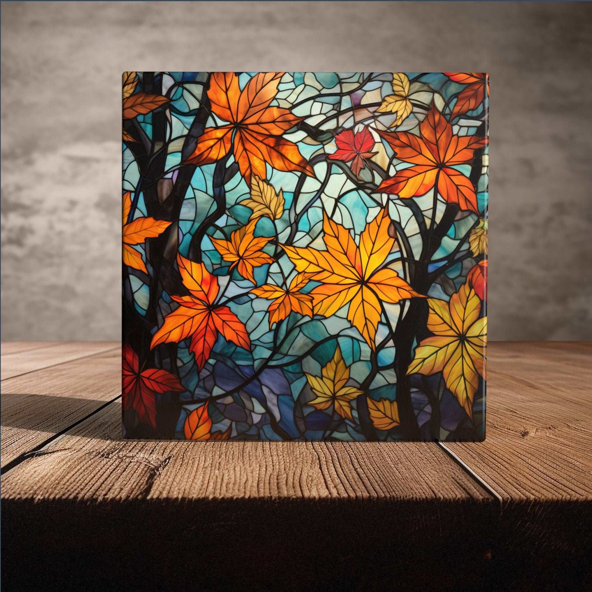 Peeping Tom's Cottage Custom Printed Tile Capturing Nature's Palette: Exquisite Fall Leaf Stained Glass Tiles for Home Enhancement