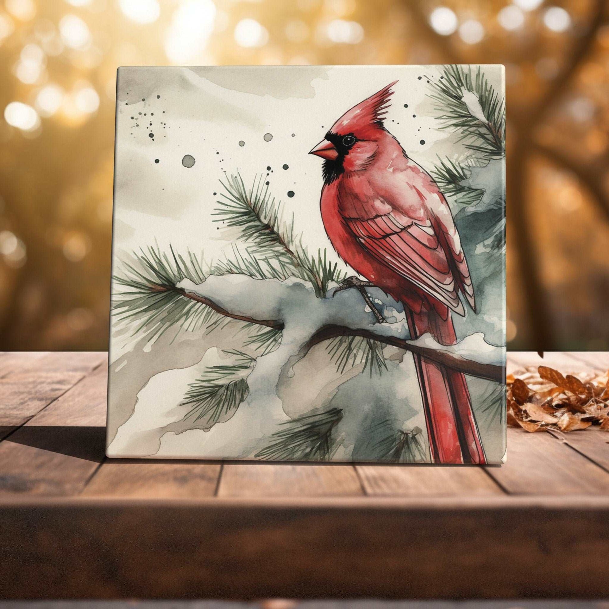 Peeping Tom's Cottage Custom Printed Tile Cardinal's Winter Perch - Watercolor Art Tile of Red Bird in Snowy Scene for Rustic Decor