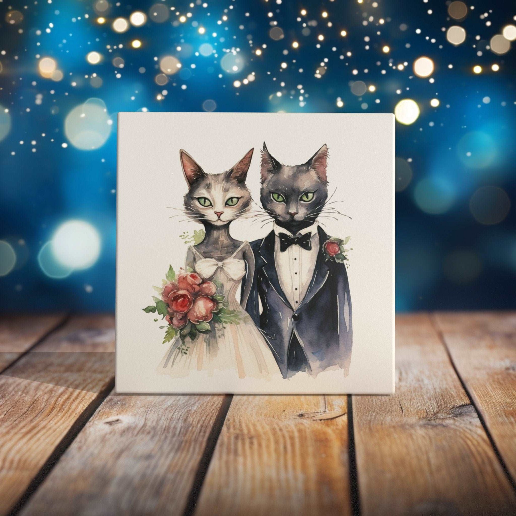 Peeping Tom's Cottage Custom Printed Tile Cat Matrimony Elegance Art Tile - Watercolor Painting of Distinguished Cat Couple for Charming Home Decor