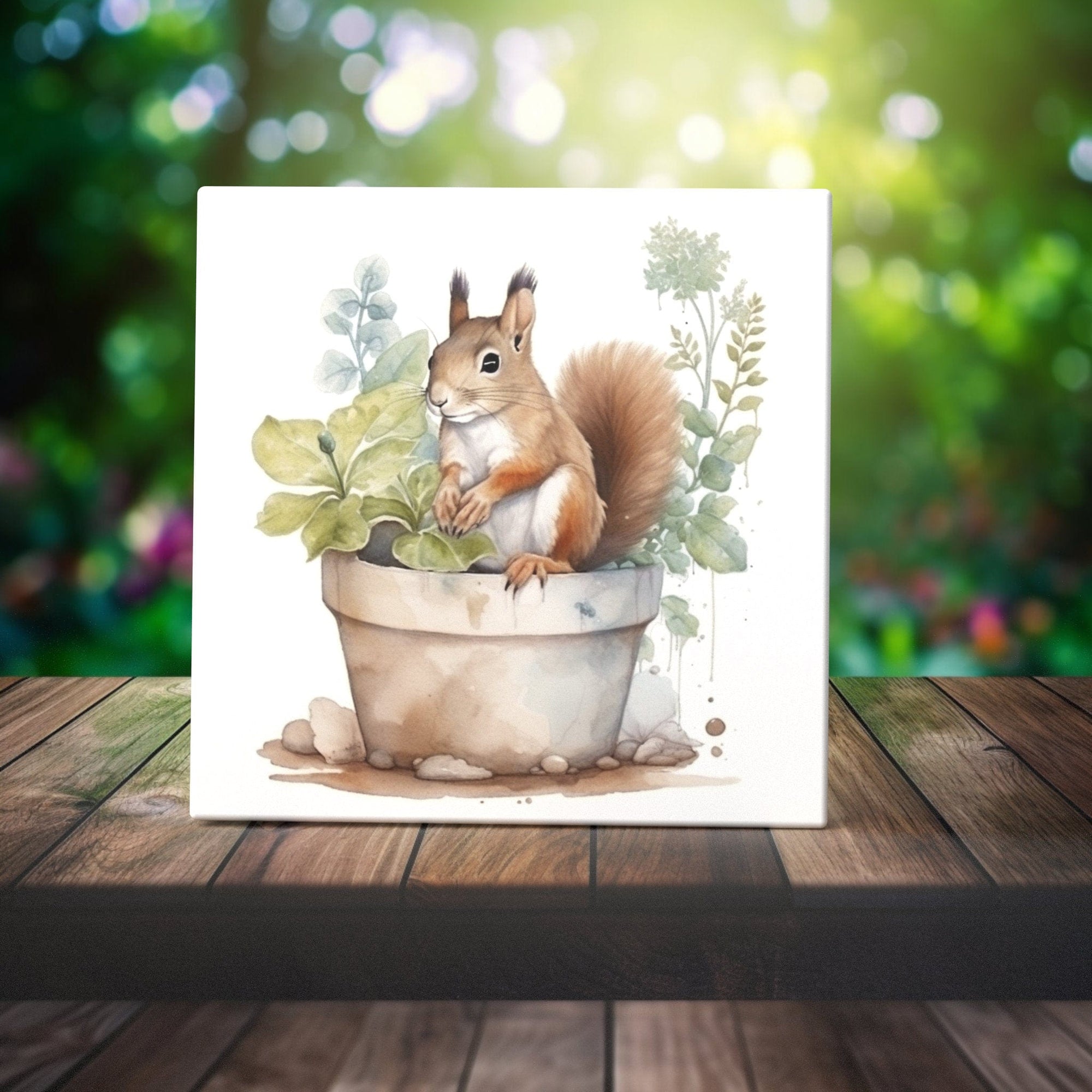 Peeping Tom's Cottage Custom Printed Tile Charming Garden Squirrel - Whimsical Fauna Watercolor Art Ceramic Tile for Home Decor