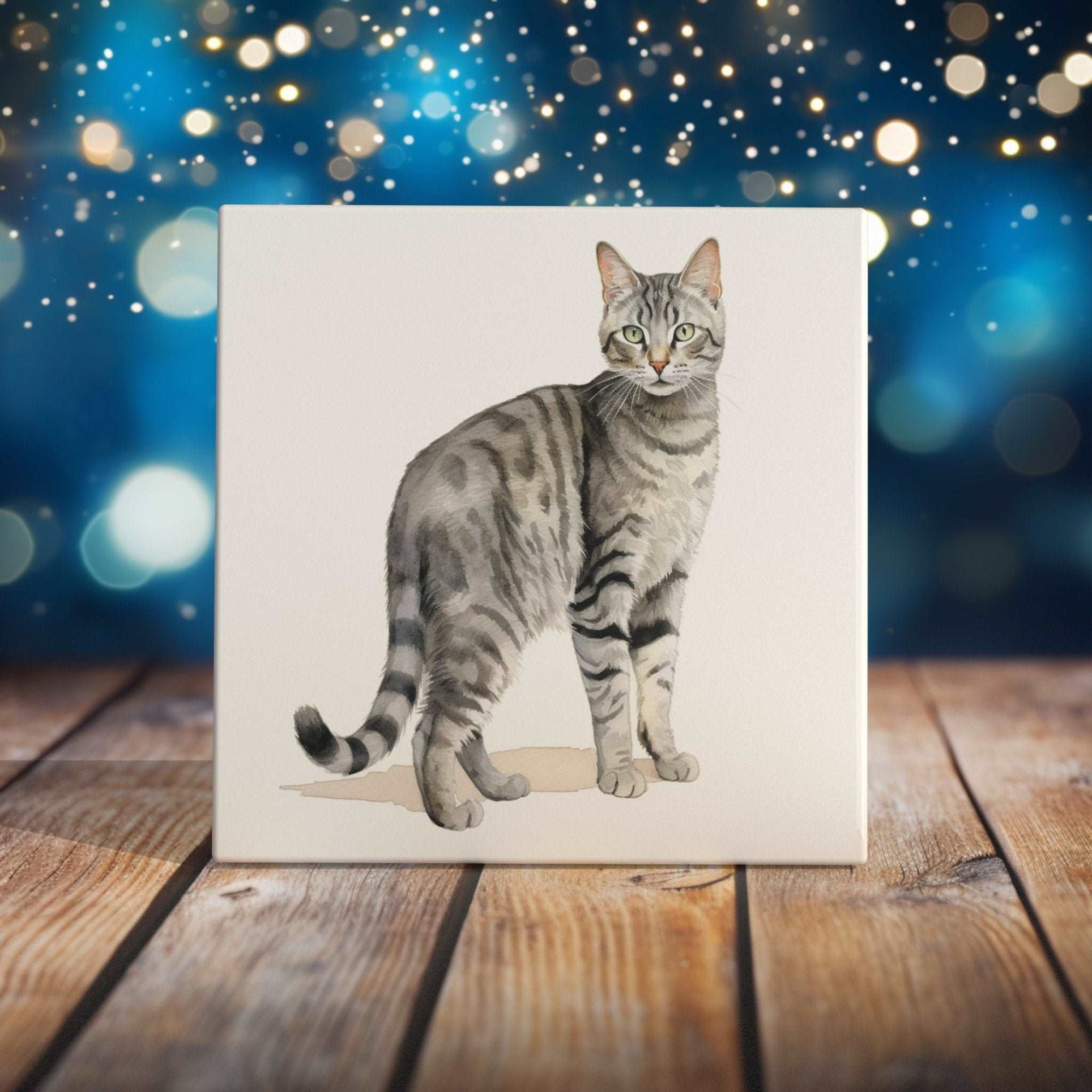 Peeping Tom's Cottage Custom Printed Tile Charming Tabby Cat Portrait Tile - Fine Art Watercolor Home Decor for Grey Cat Lovers