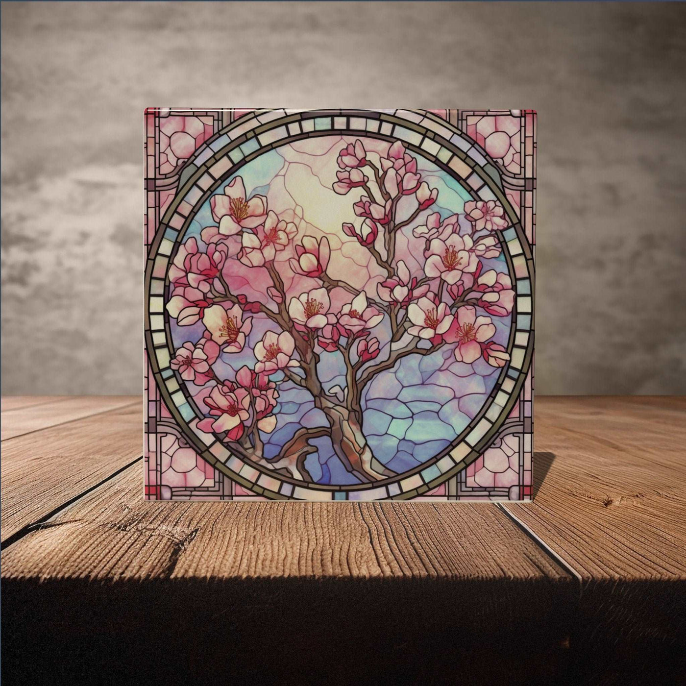 Peeping Tom's Cottage Custom Printed Tile Cherry Blossom Stained Glass Ceramic Tile - Art Nouveau Home Accent