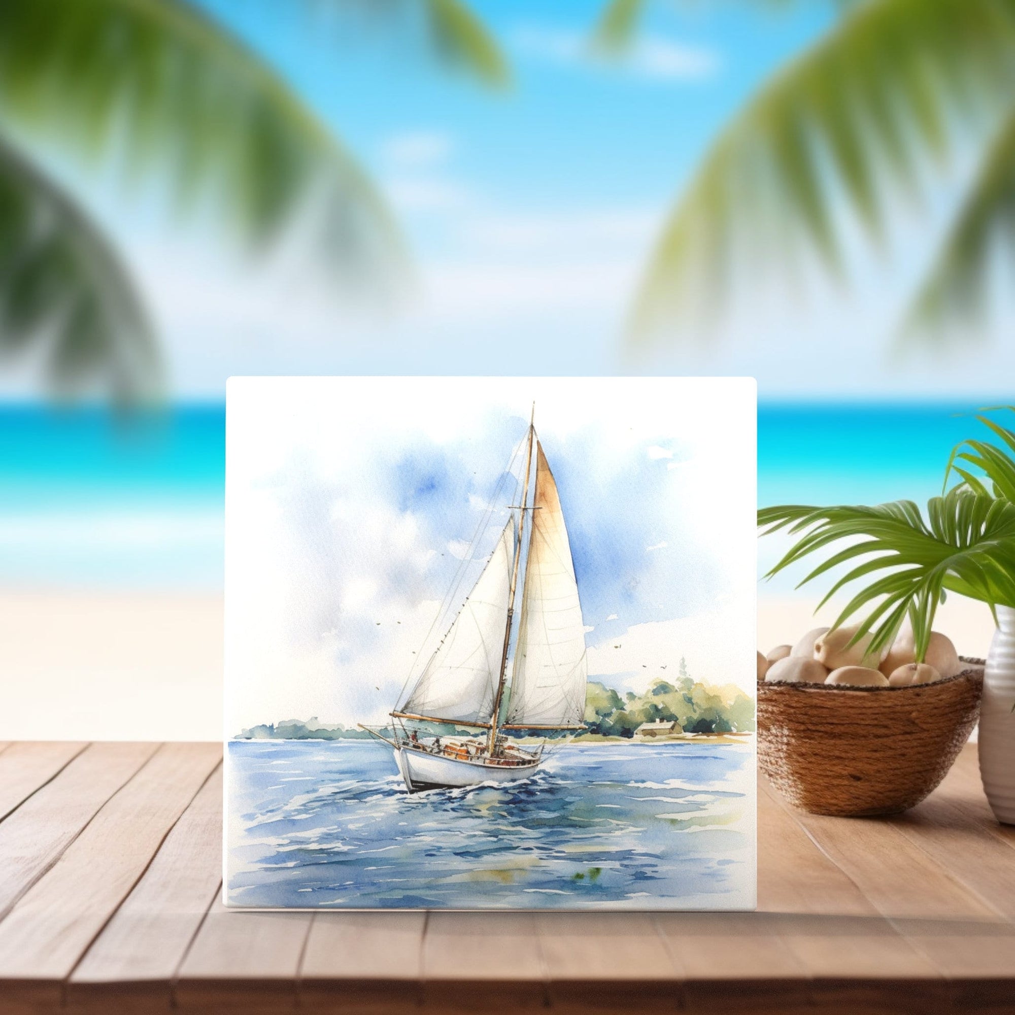 Peeping Tom's Cottage Custom Printed Tile Coastal Escape: Nautical Watercolor Artistic Tile - Handcrafted Sailboat Decor for Home & Office