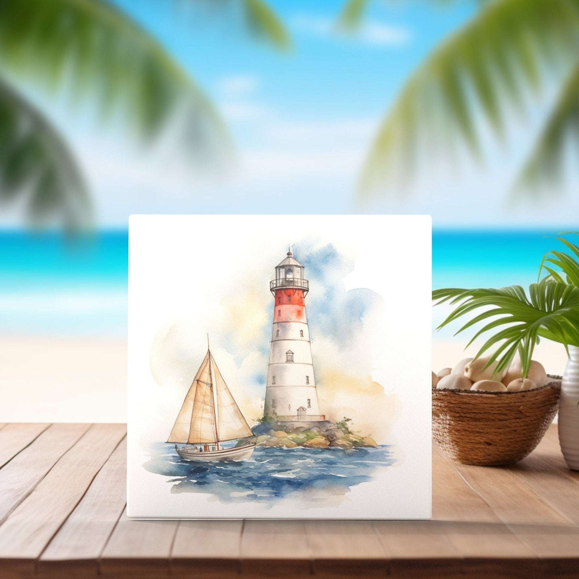 Peeping Tom's Cottage Custom Printed Tile Coastal Lighthouse and Sailboat Ceramic Tile - Nautical Decor