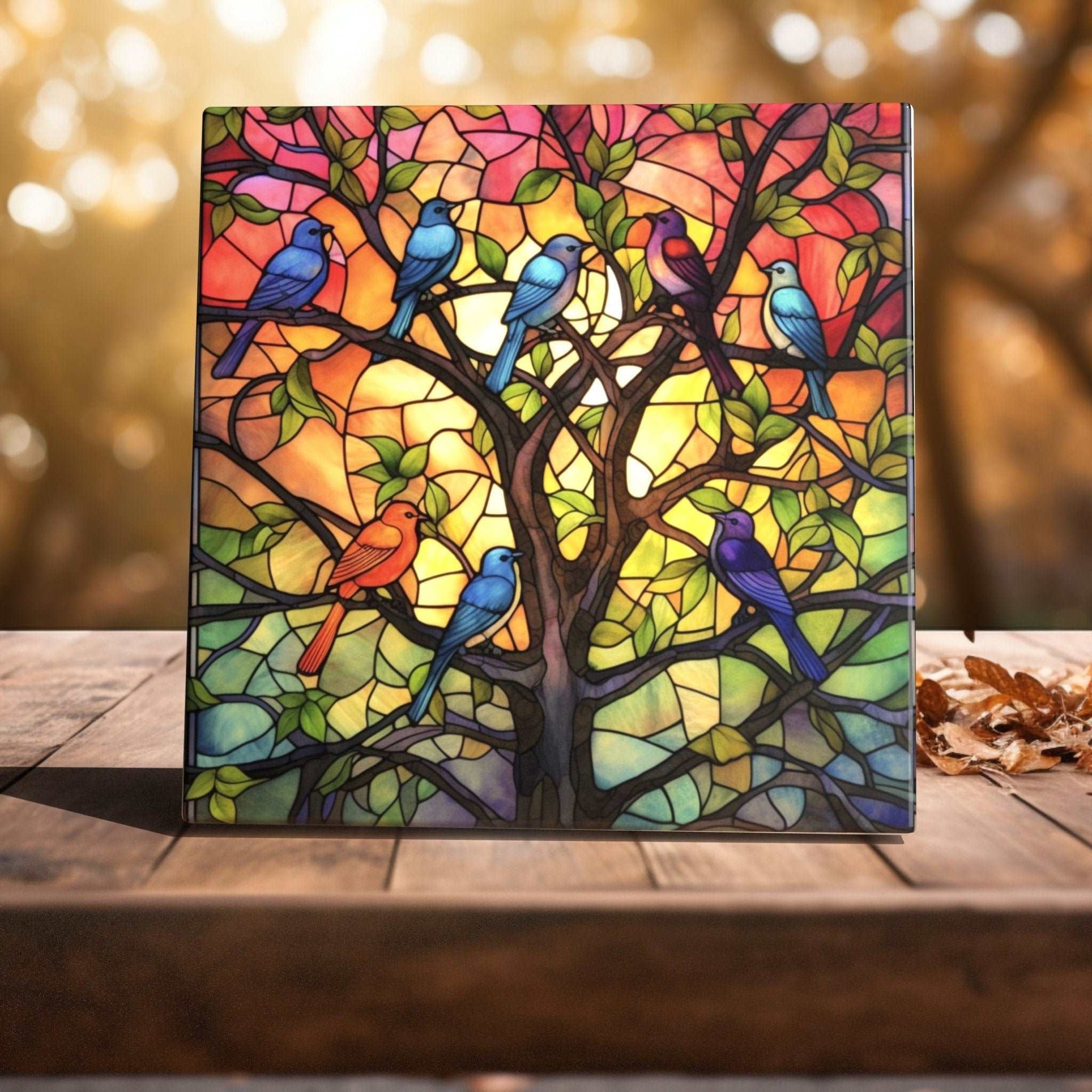 Peeping Tom's Cottage Custom Printed Tile Colorful Birds Stained Glass Style Decorative Ceramic Tile - Handcrafted Art for Home Decor