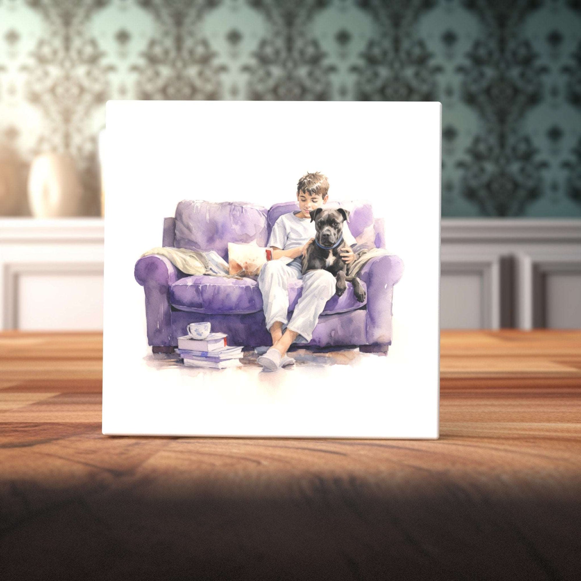 Peeping Tom's Cottage Custom Printed Tile Cozy Moments Watercolor Art Tile - Boy and Dog Relaxing on Couch for Heartwarming Home Decor