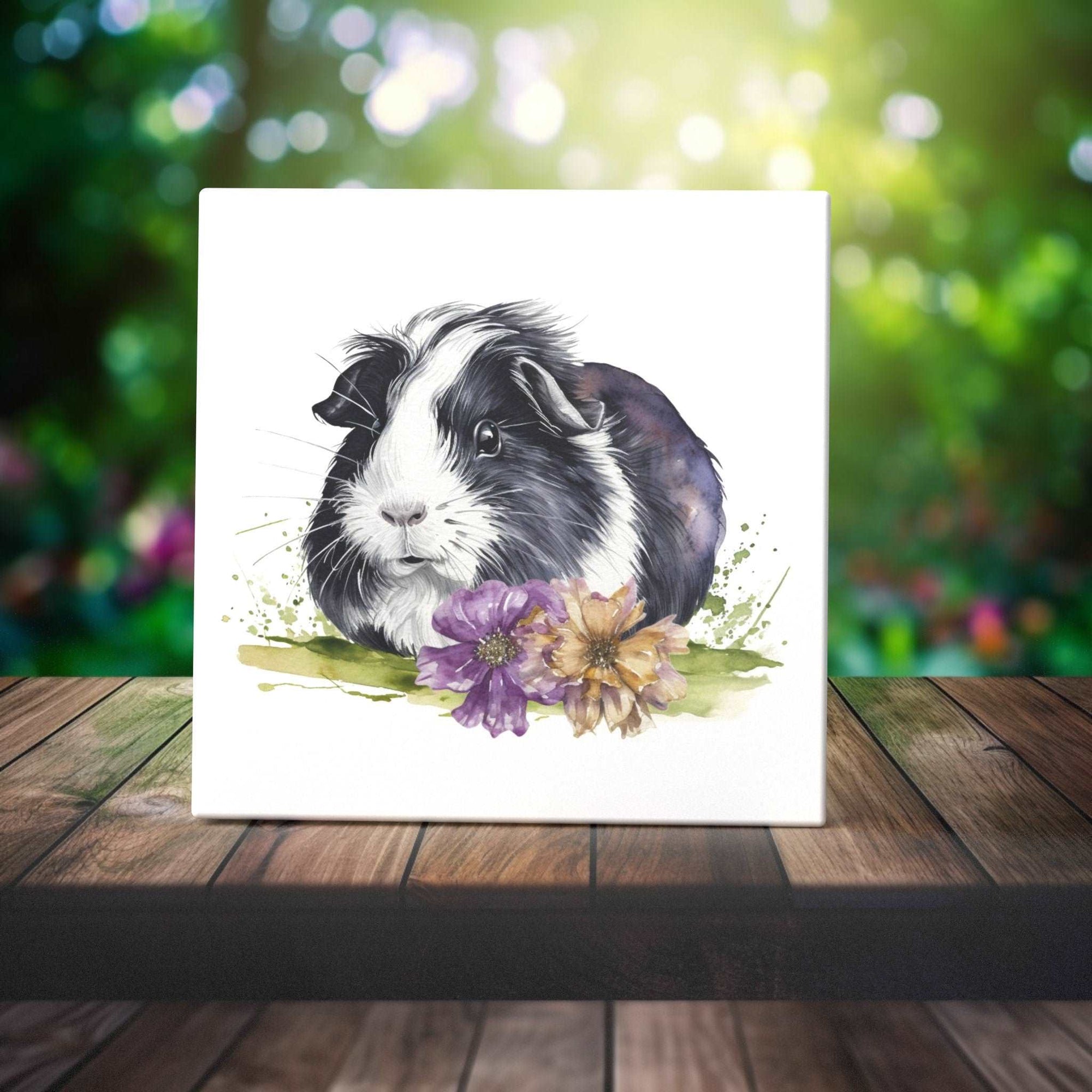Peeping Tom's Cottage Custom Printed Tile Cuddly Critter and Petals Ceramic Tile - Heartwarming Guinea Pig Gift for Animal Lovers