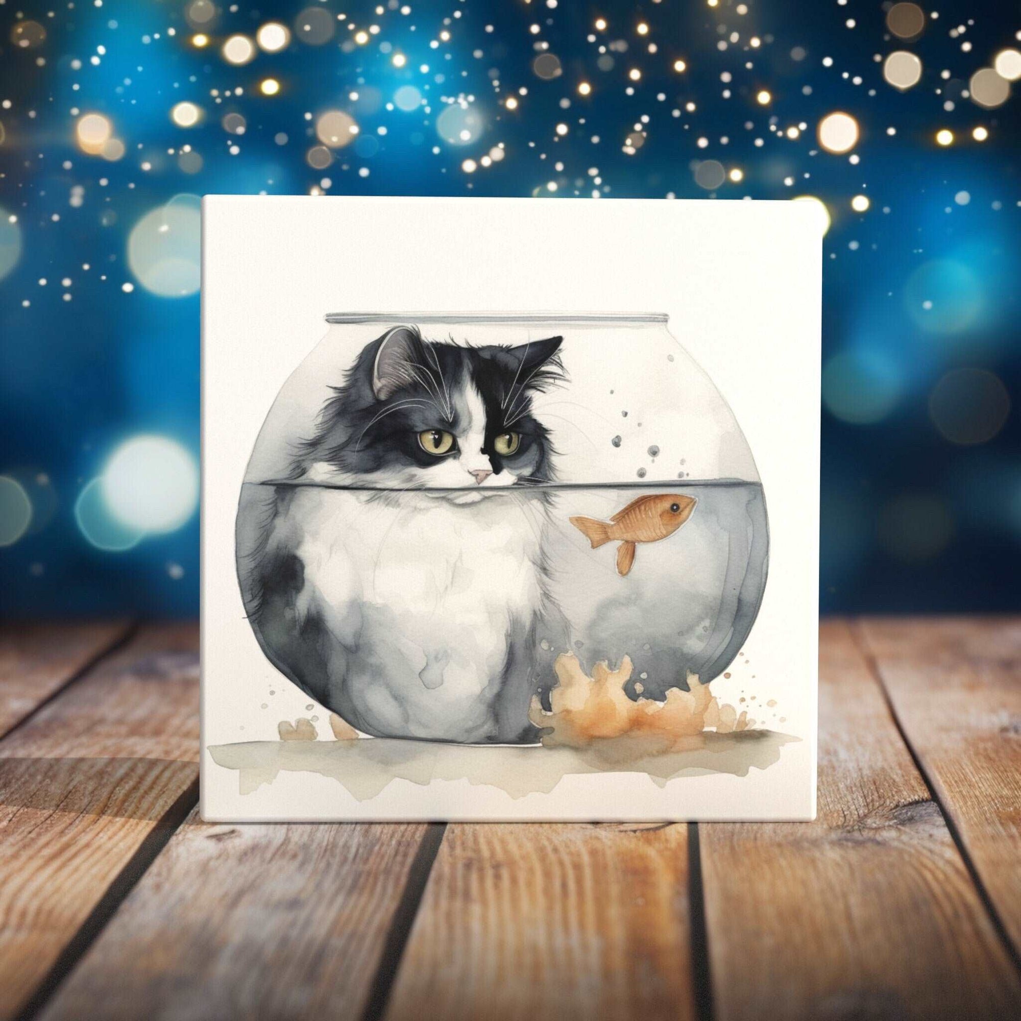 Peeping Tom's Cottage Custom Printed Tile Curious Cat and Goldfish Watercolor Art Tile - Whimsical Feline and Fishbowl Decor for the Home