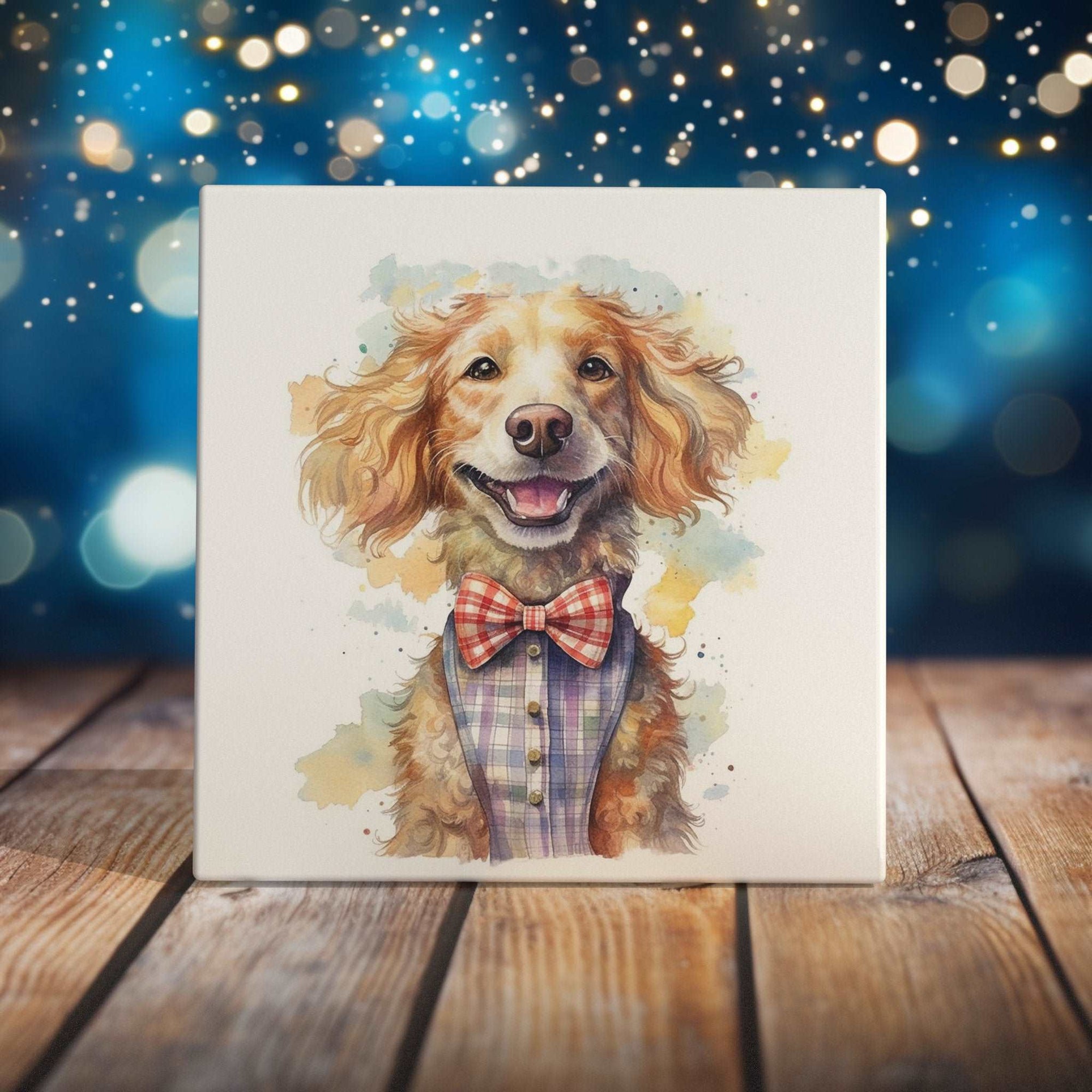 Peeping Tom's Cottage Custom Printed Tile Dapper Canine in Bow Tie: Hand-crafted Watercolor Dog Art Tile for Stylish Home Decor