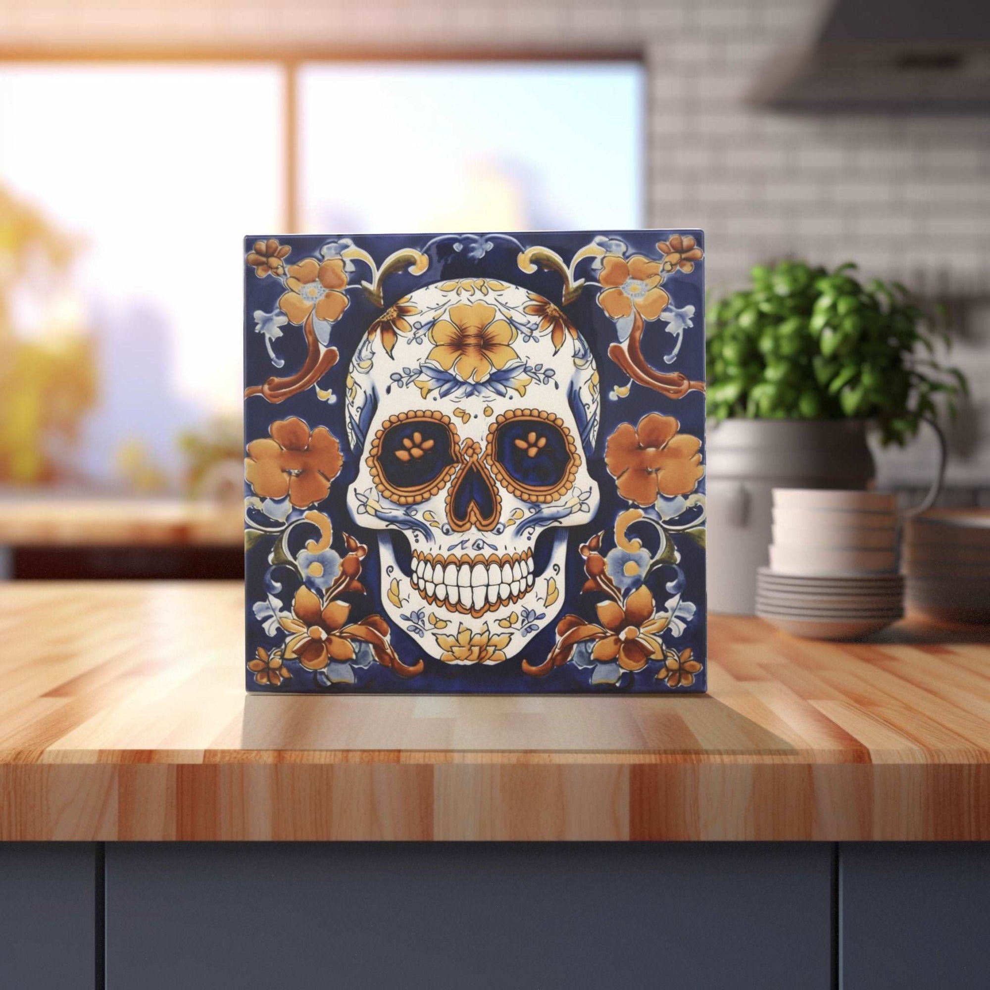 Peeping Tom's Cottage Custom Printed Tile Day of the Dead Calavera: Hand-Painted Ceramic Tile with Orange Florals for Home Decoration