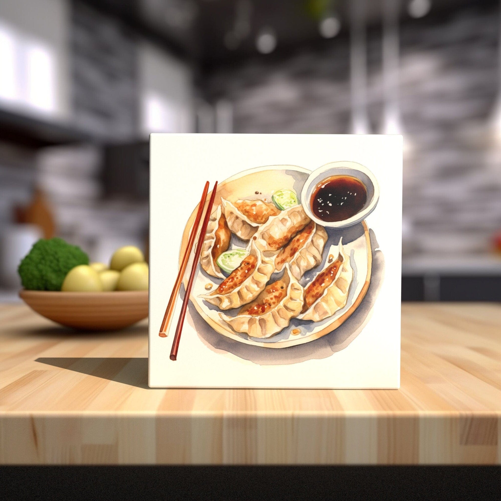 Peeping Tom's Cottage Custom Printed Tile Delectable Delights: Artisanal Watercolor Potstickers Tile - Unique Kitchen Art