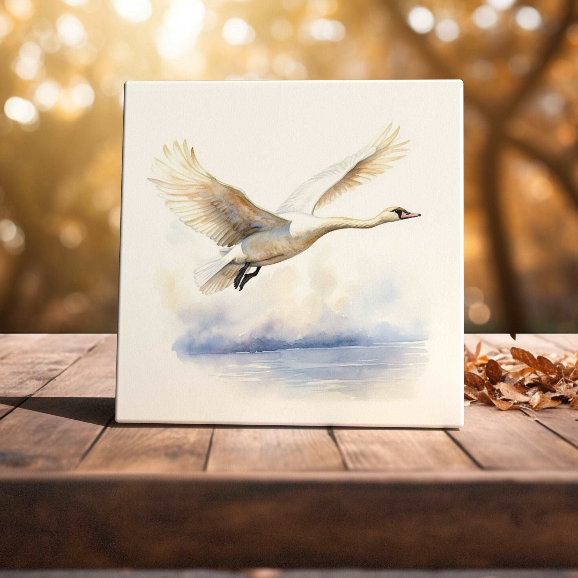Peeping Tom's Cottage Custom Printed Tile Elegant Ascent - Trumpeter Swan in Flight Watercolor Art Tile for Peaceful Decor Aesthetic
