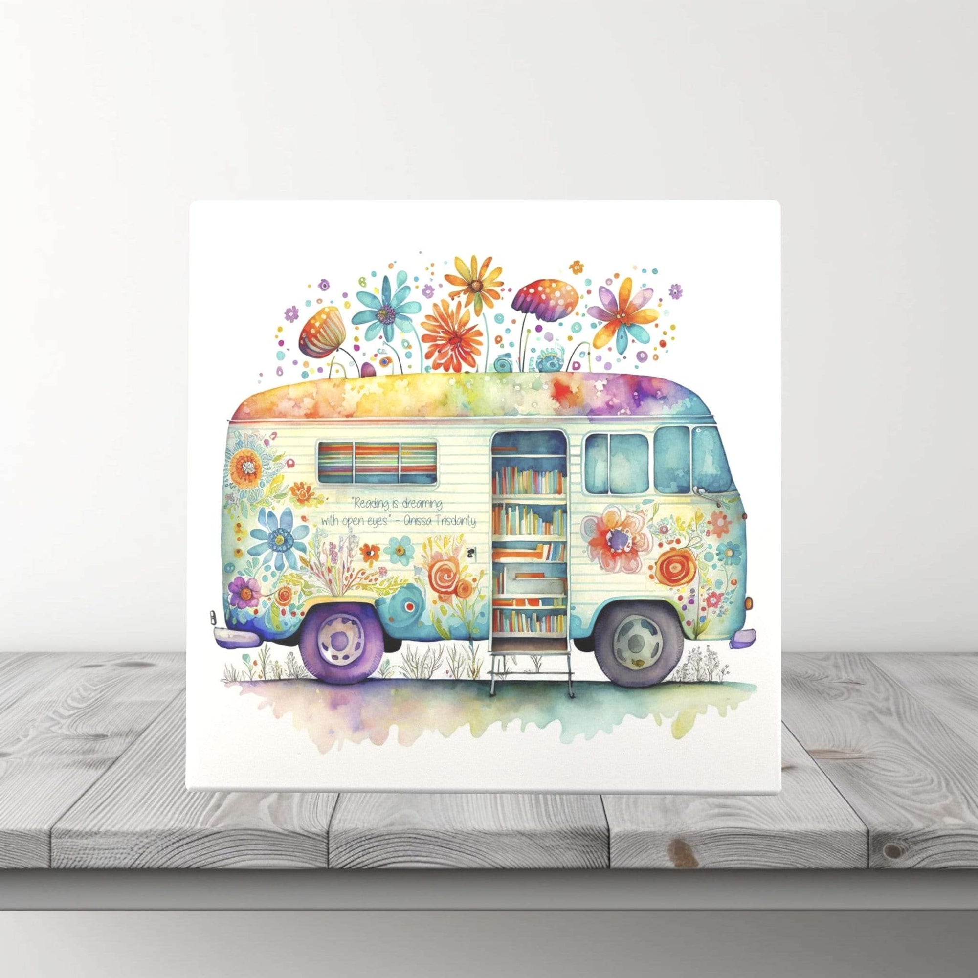 Peeping Tom's Cottage Custom Printed Tile Enchanted Bookmobile Watercolor Art Tile: Whimsical Floral Library Van Decor - Inspiring Reader’s Dream Home Accent