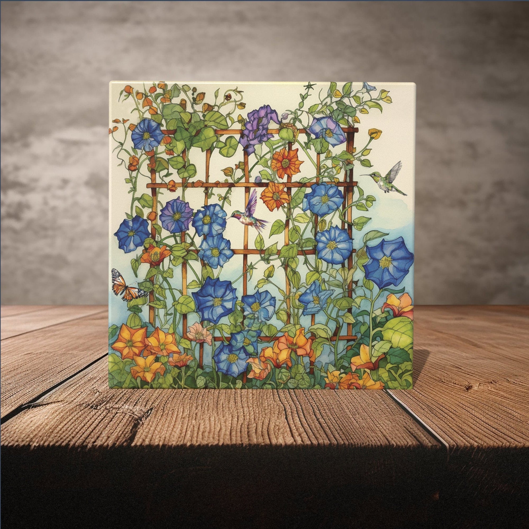 Peeping Tom's Cottage Custom Printed Tile Enchanted Garden Trellis Art Tile - Elegant Floral and Fauna Ceramic Décor