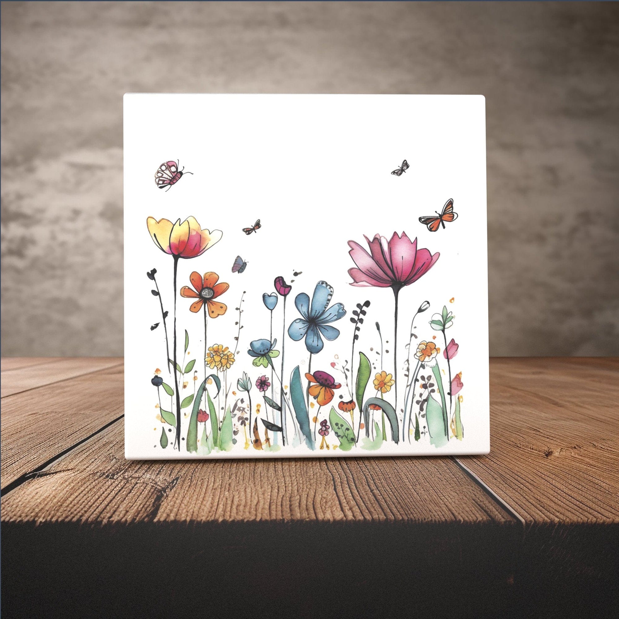 Peeping Tom's Cottage Custom Printed Tile Enchanted Meadow Art Tile: Handcrafted Watercolor Butterfly Garden Decorative Piece