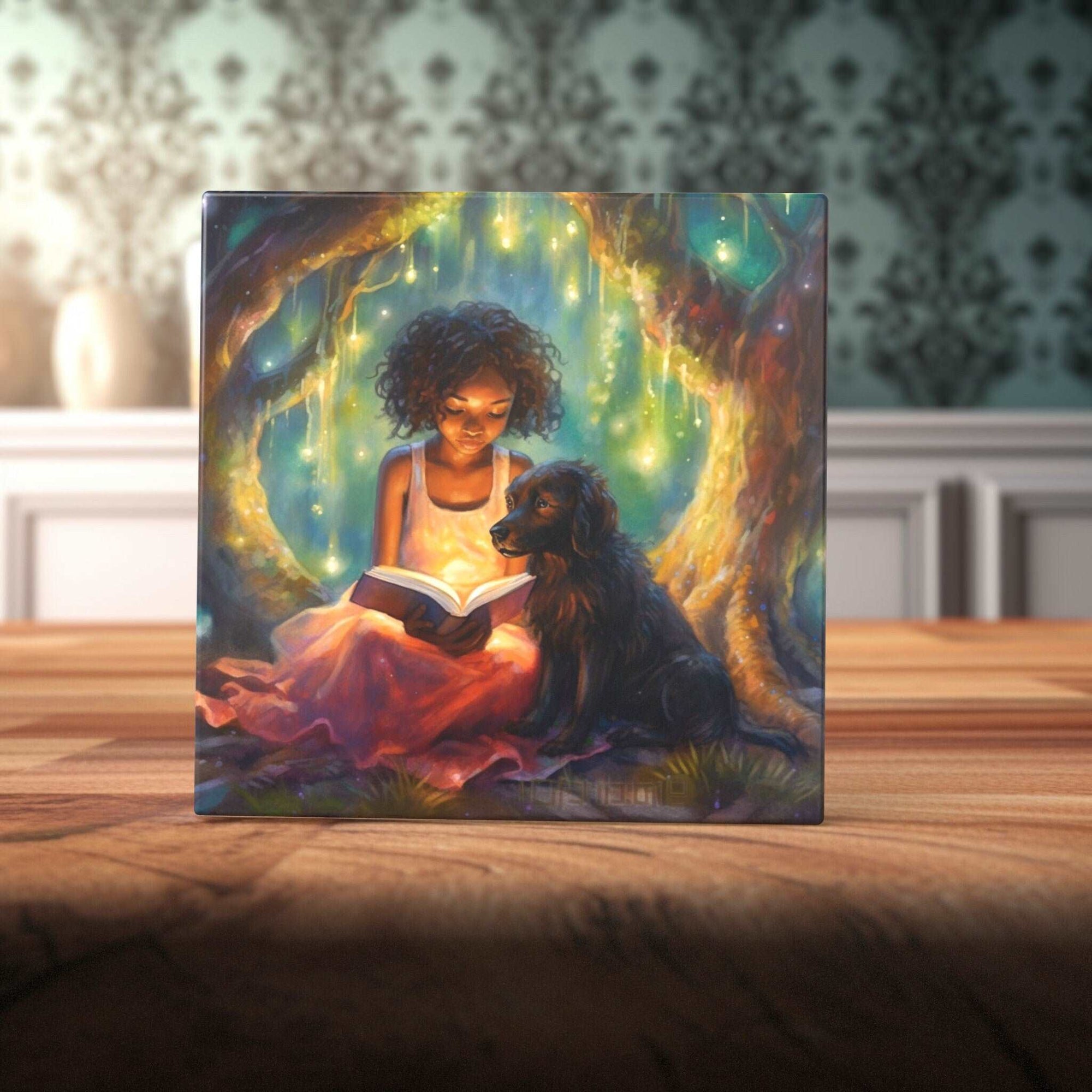 Peeping Tom's Cottage Custom Printed Tile Enchanted Reading Nook Art Tile - Young Girl and Dog under a Mystical Tree for Whimsical Home Decor