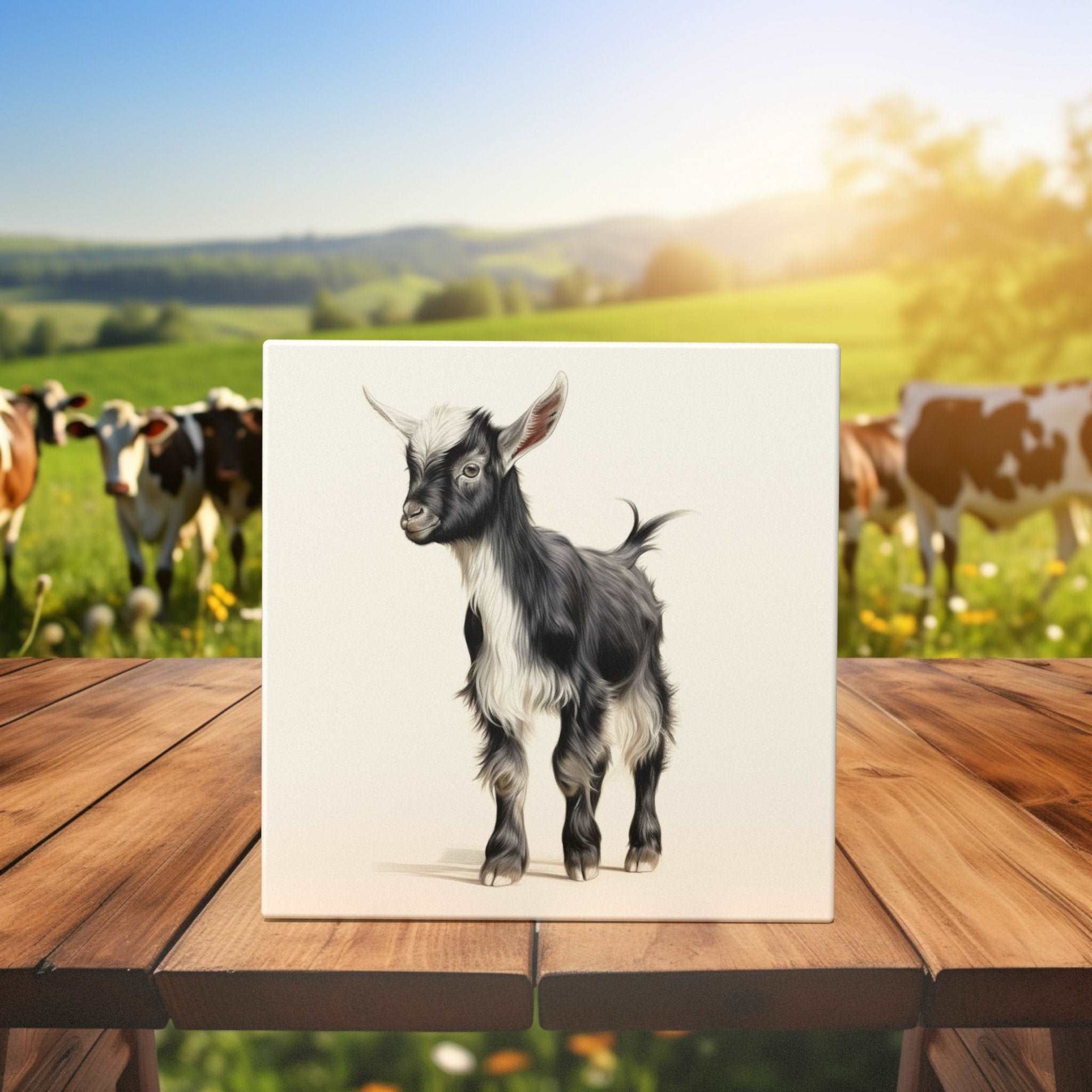 Peeping Tom's Cottage Custom Printed Tile Farmhouse Charm: Hand-Illustrated Spotted Goat Art Tile for Rustic Home Decor