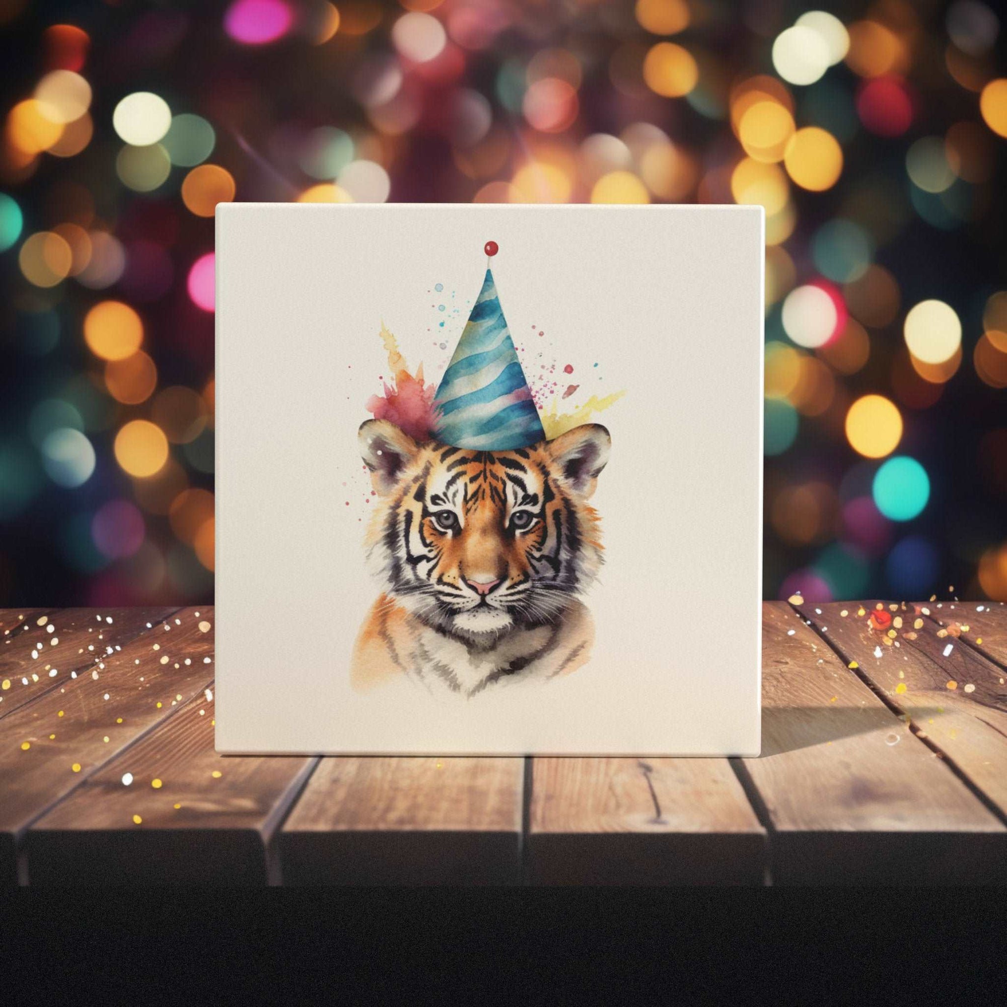 Peeping Tom's Cottage Custom Printed Tile Festive Tiger: Hand-Painted Watercolor Art Tile with Party Hat for Whimsical Home Decor