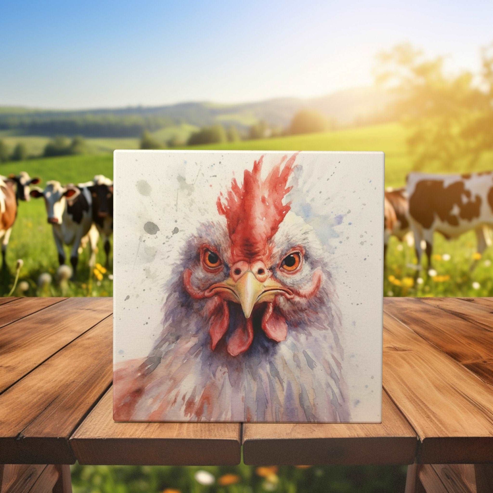 Peeping Tom's Cottage Custom Printed Tile Fiery Gaze Chicken Artistic Watercolor Ceramic Tile for Rustic Home Decor