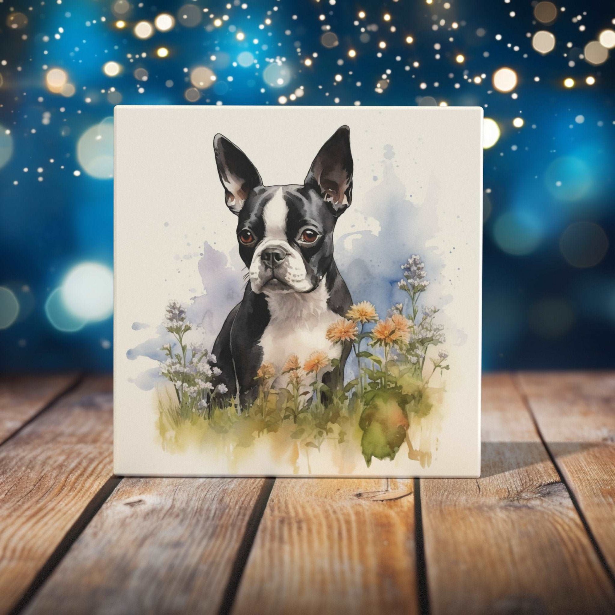 Peeping Tom's Cottage Custom Printed Tile Floral Boston Terrier Art Tile - Handcrafted Watercolor Dog and Flowers Home Decor Accent