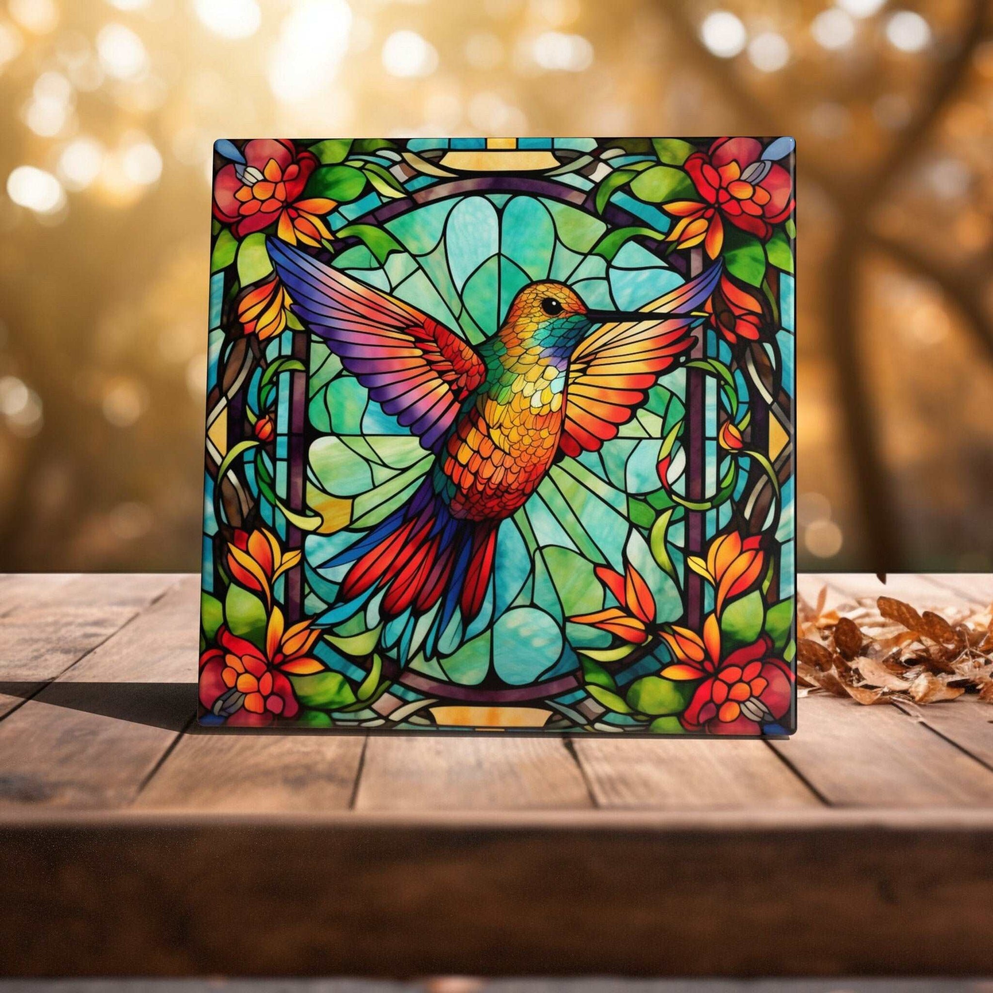 Peeping Tom's Cottage Custom Printed Tile Floral Dance - Colorful Hummingbird Stained Glass Style Art Tile for Home Beautification