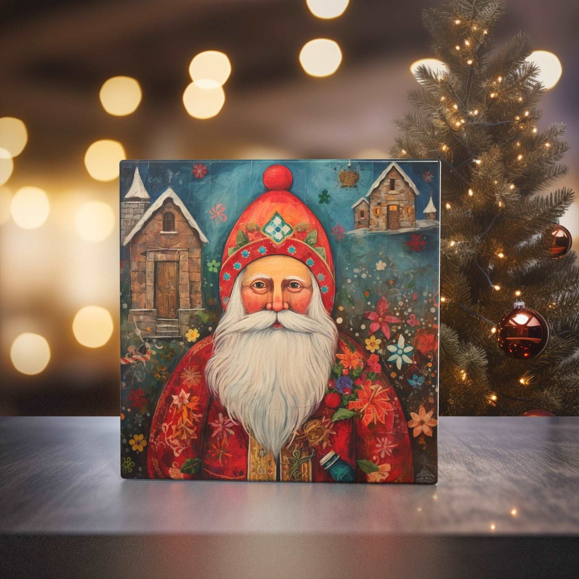 Peeping Tom's Cottage Custom Printed Tile Folklore Festivity - Traditional Ukrainian Santa Claus Art Tile for Cultural Christmas Decor