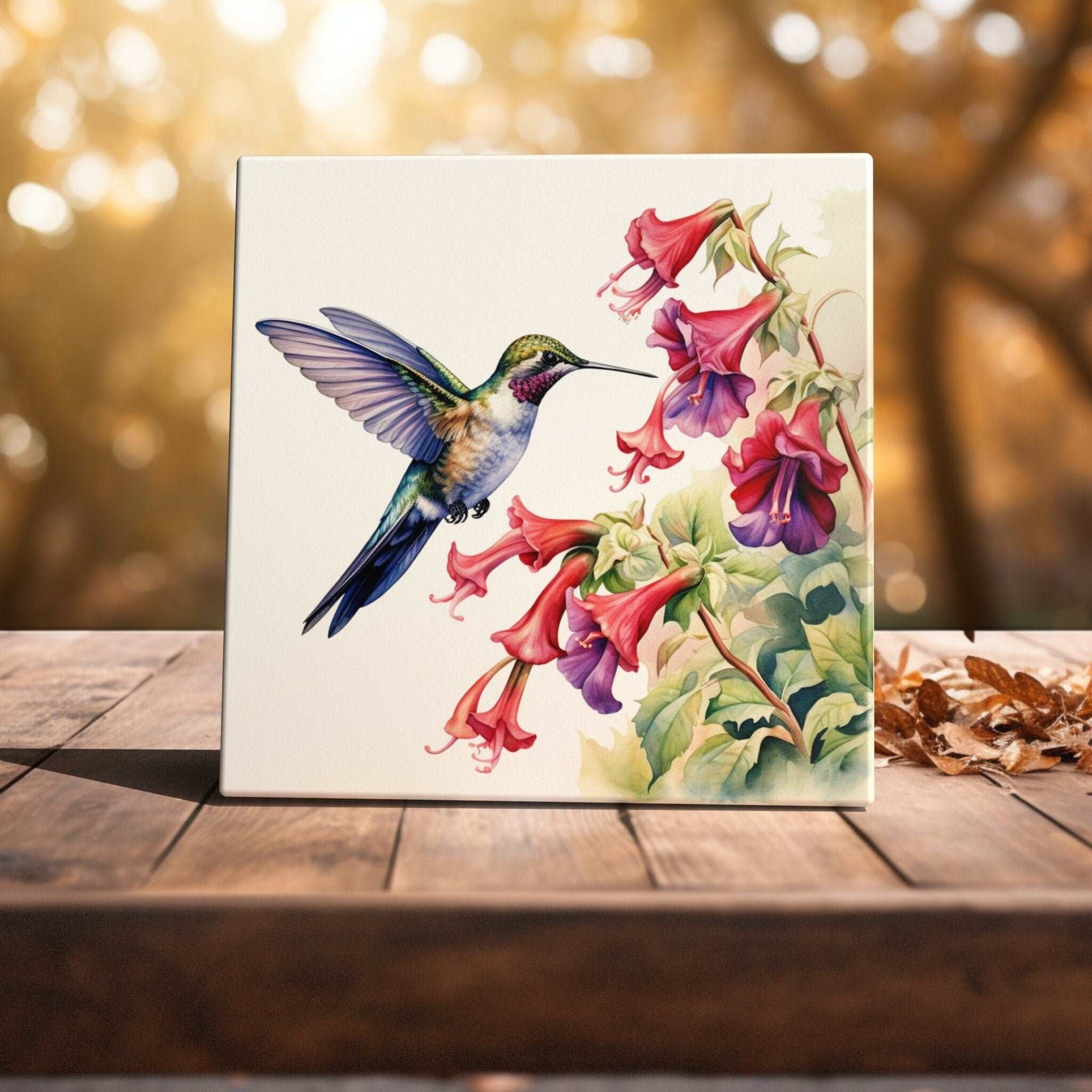 Peeping Tom's Cottage Custom Printed Tile Garden Visitor - Hummingbird with Trumpet Vine Watercolor Art Tile for Nature-Inspired Decor