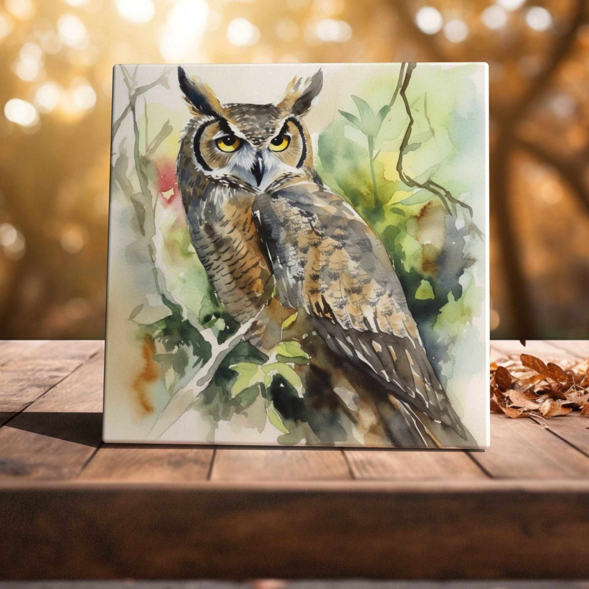 Peeping Tom's Cottage Custom Printed Tile Guardian of the Grove - Majestic Horned Owl Watercolor Art Tile for Home or Office Decor