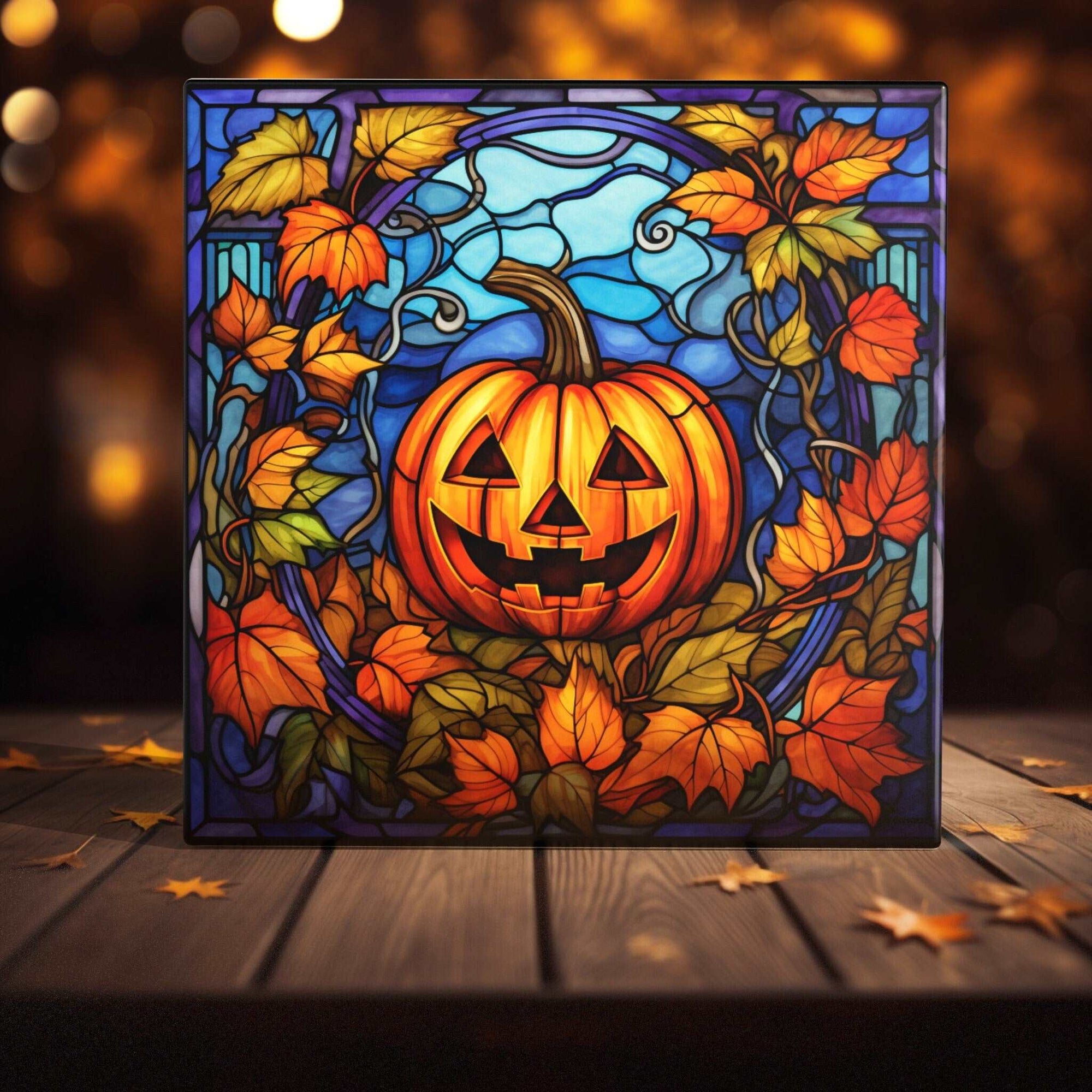 Peeping Tom's Cottage Custom Printed Tile Halloween Harvest Stained Glass Style Tile: Artisan-Crafted Pumpkin Art