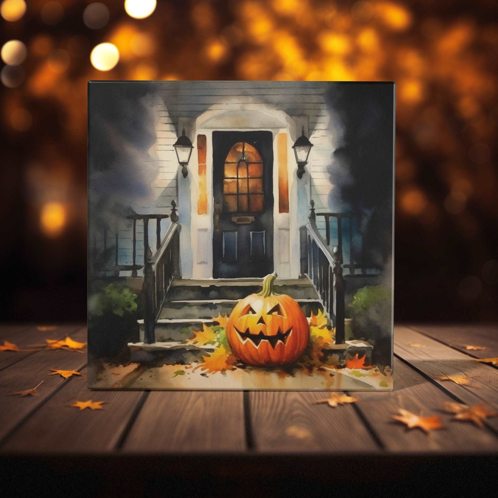 Peeping Tom's Cottage Custom Printed Tile Halloween Night's Glow: Enchanting Watercolor Tile of Jack-O'-Lantern on a Festive Porch