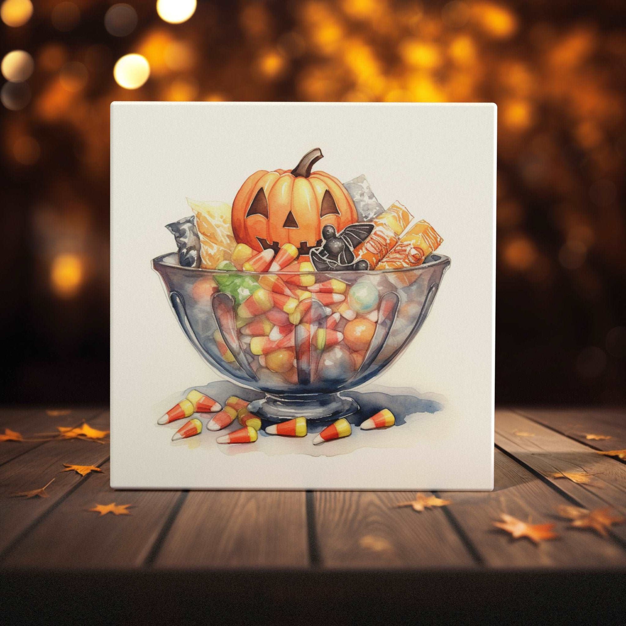 Peeping Tom's Cottage Custom Printed Tile Halloween Treats Galore: Watercolor Illustration of a Candy Bowl with Jack-O'-Lantern On Tile