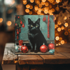 Peeping Tom's Cottage Custom Printed Tile Hand-Crafted Festive Feline Decorative Tile - Vintage Style Christmas Black Cat Art for Home Decoration