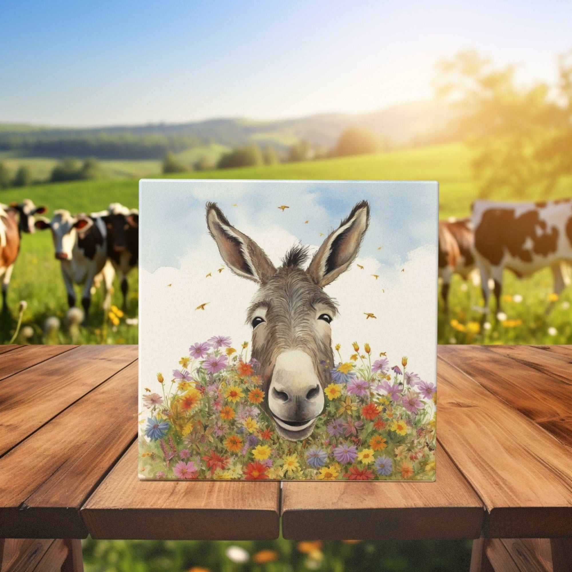 Peeping Tom's Cottage Custom Printed Tile Happy Donkey in Blooms Tile - Playful Countryside Decor