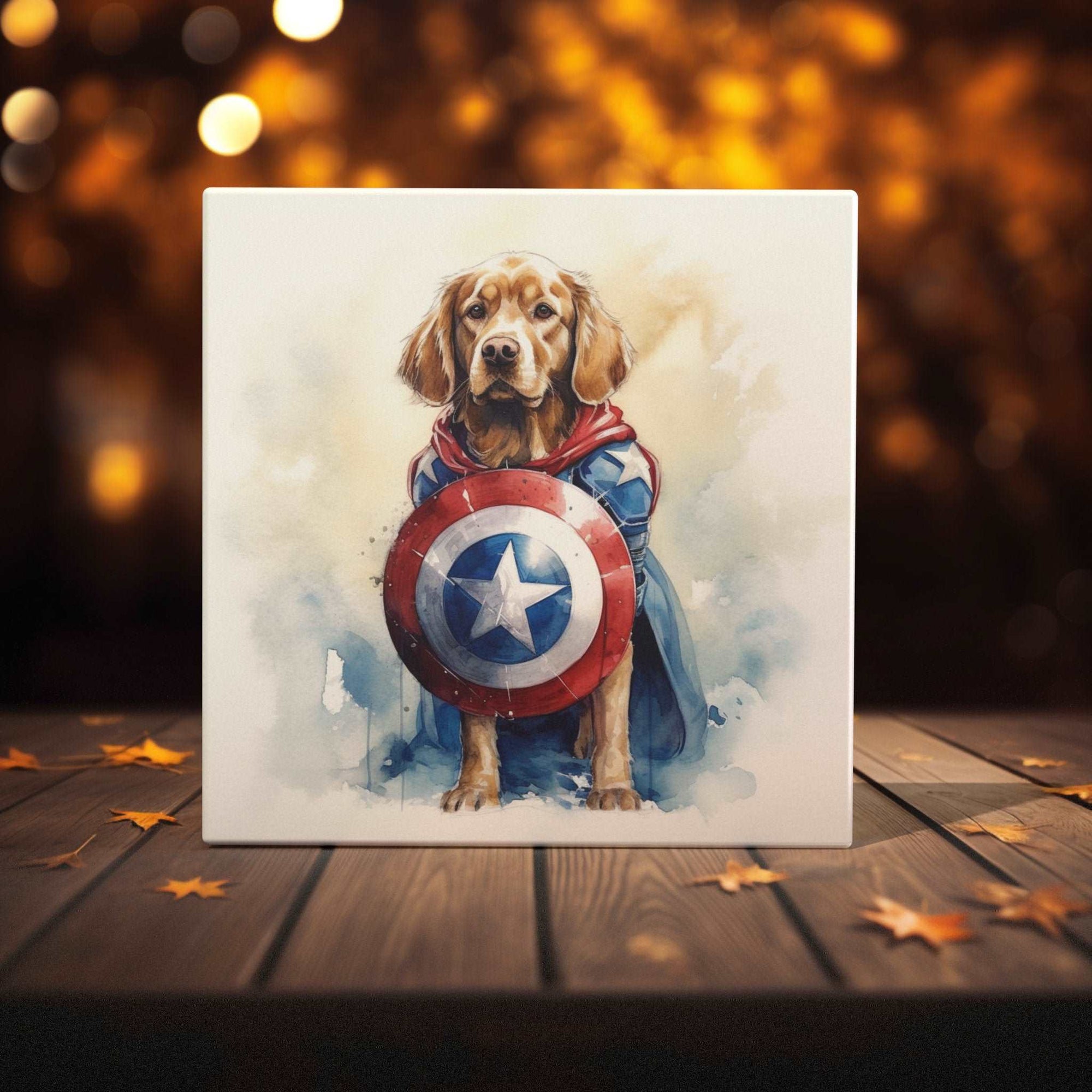 Peeping Tom's Cottage Custom Printed Tile Heroic Canine Defender Art Tile - Inspirational Watercolor Dog with Shield for Patriotic Home Decor