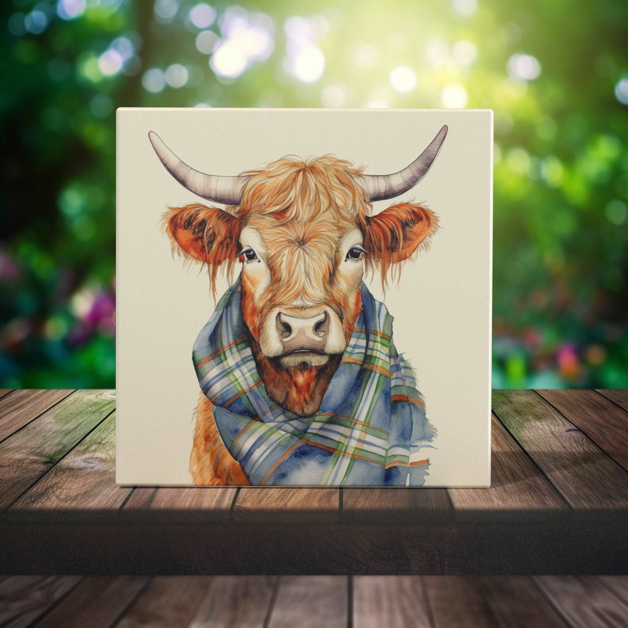 Peeping Tom's Cottage Custom Printed Tile Highland Elegance - Hand-Painted Plaid Cow Art Tile for Rustic Home Decor and Home Accent