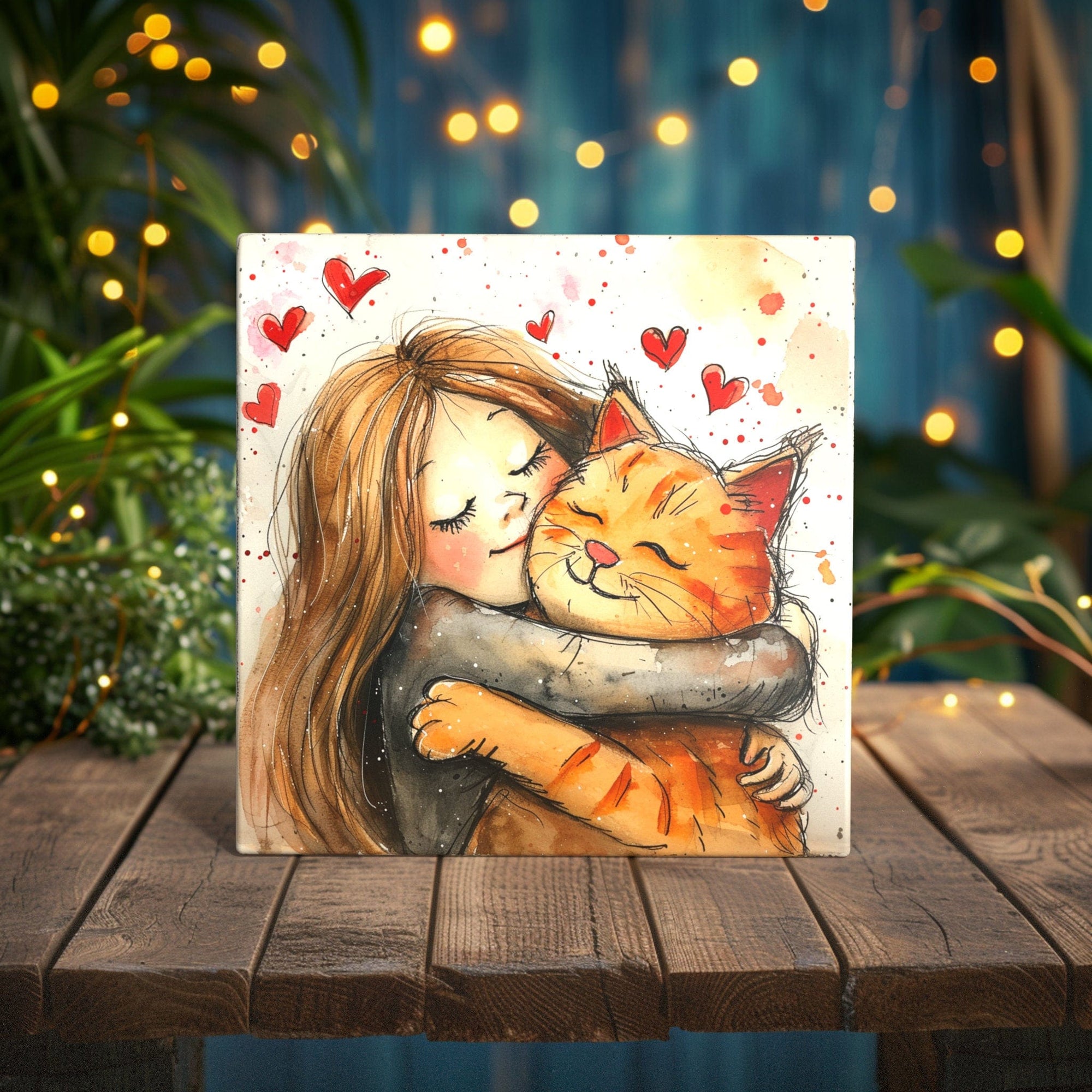 Peeping Tom's Cottage Custom Printed Tile Hug of Hearts: The Feline Embrace Ceramic Tile