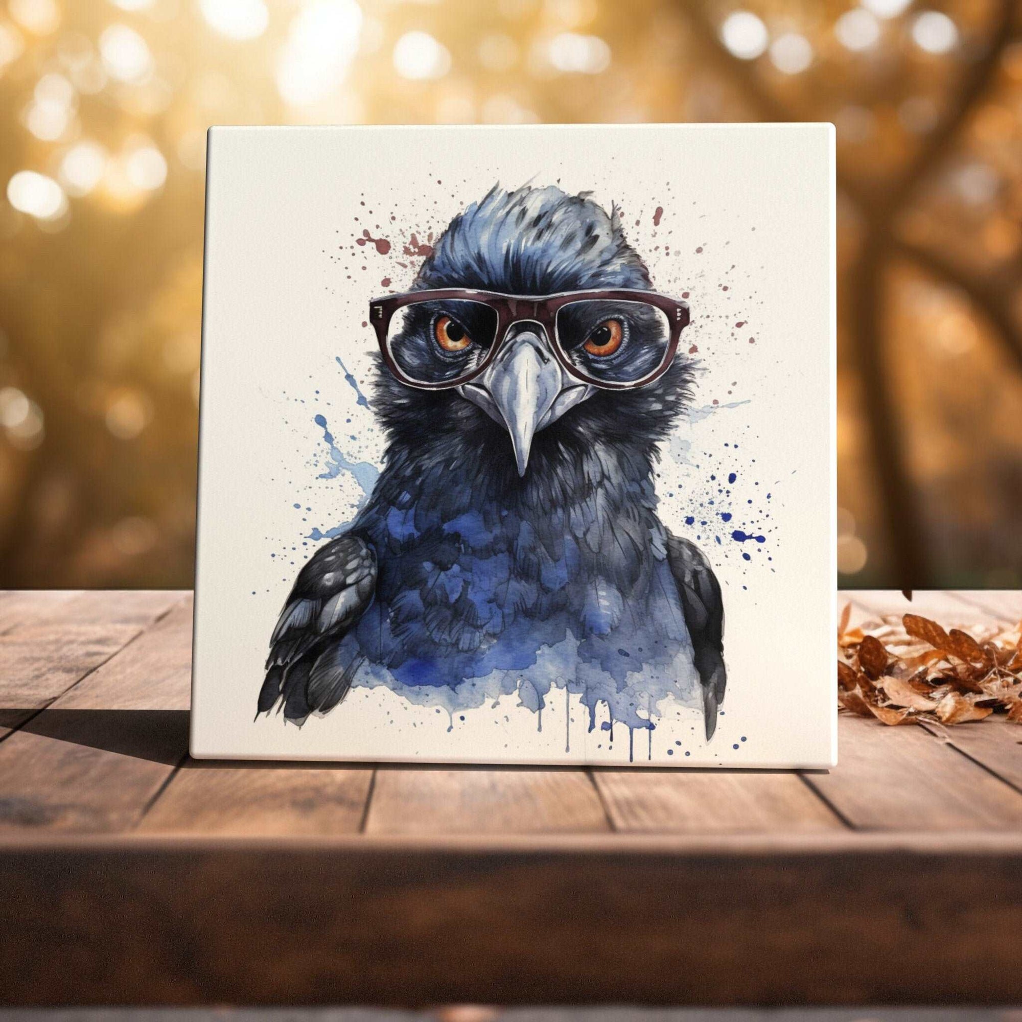 Peeping Tom's Cottage Custom Printed Tile Intellectual Inquiry - Crow with Glasses Watercolor Art Tile for Whimsical Wall Decor