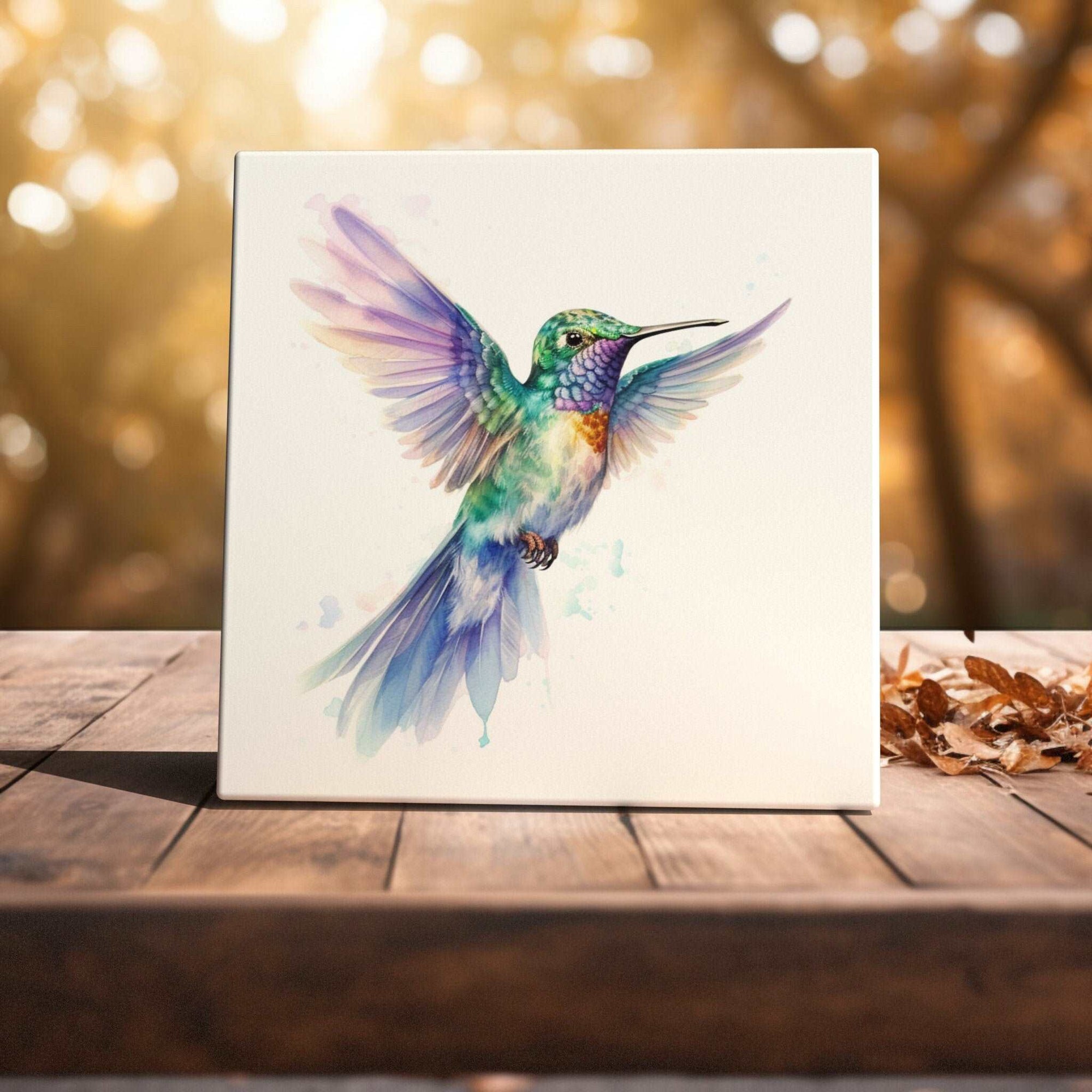 Peeping Tom's Cottage Custom Printed Tile Iridescent Flight - Watercolor Hummingbird in Motion Art Tile for Dynamic Home Decor