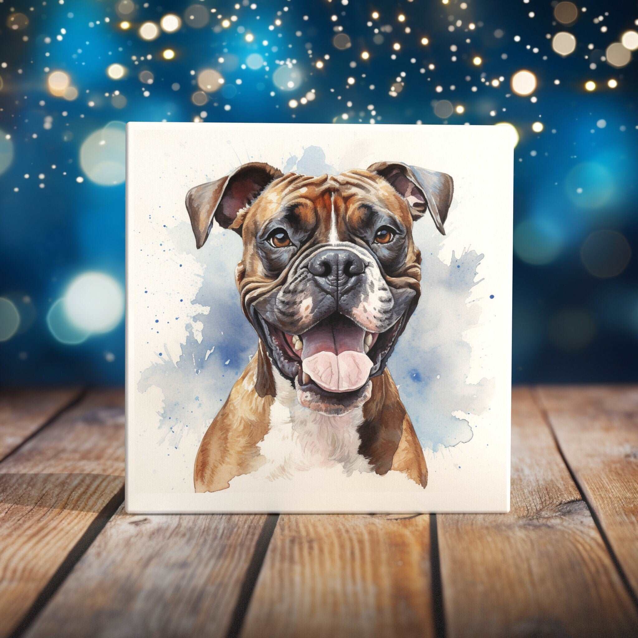 Joyful Boxer Dog Art Tile Vibrant Hand Crafted Watercolor Portrait for Lively Home Decor