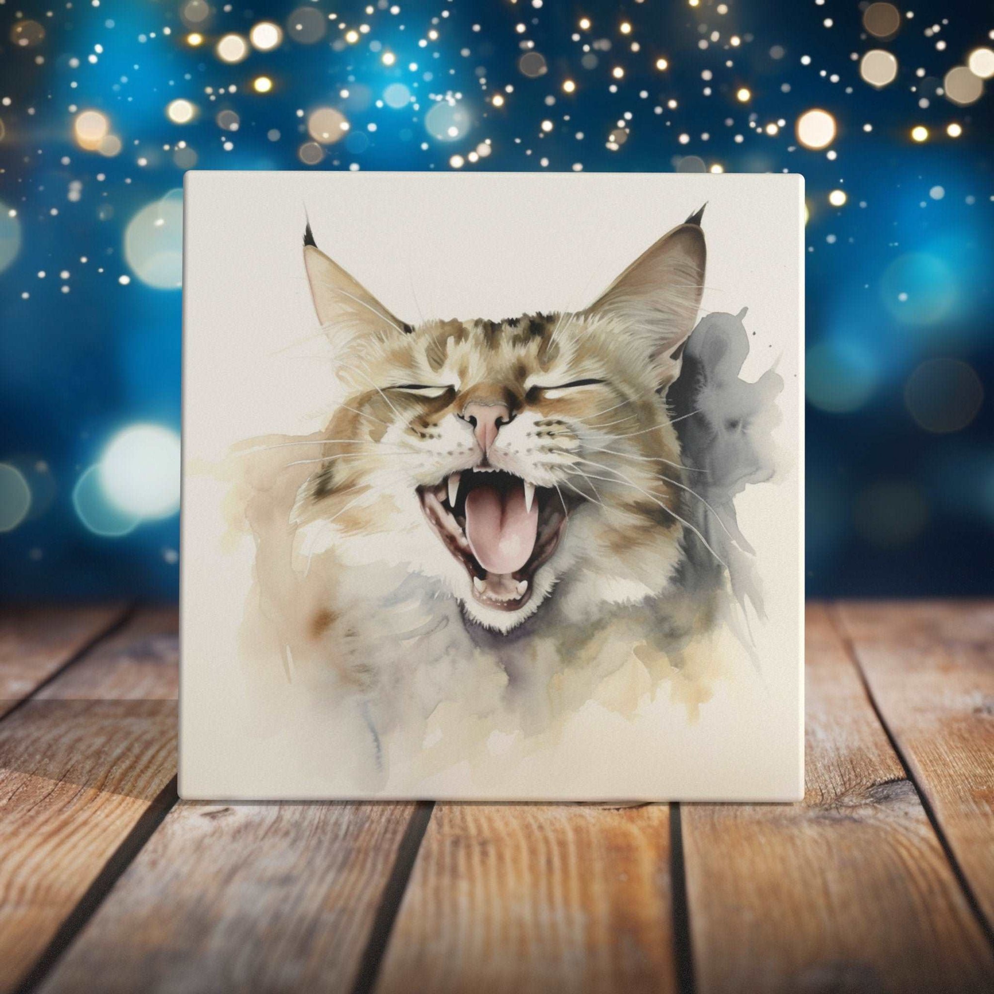 Peeping Tom's Cottage Custom Printed Tile Joyful Feline Laughter Art Tile - Unique Hand-crafted Watercolor Cat for Whimsical Home Decor