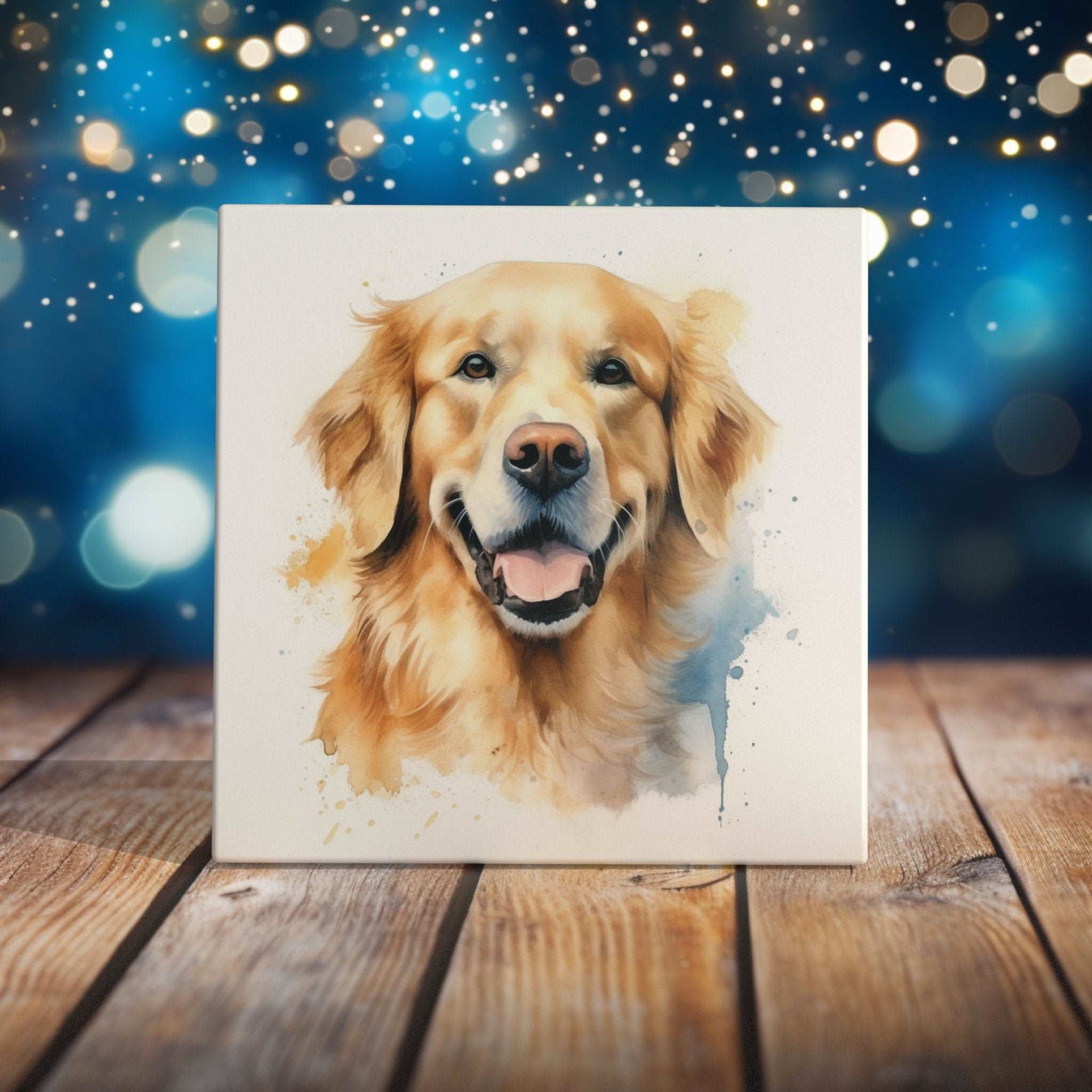 Peeping Tom's Cottage Custom Printed Tile Joyful Golden Retriever Watercolor Art Tile - Sunny Canine Decor for Home and Office