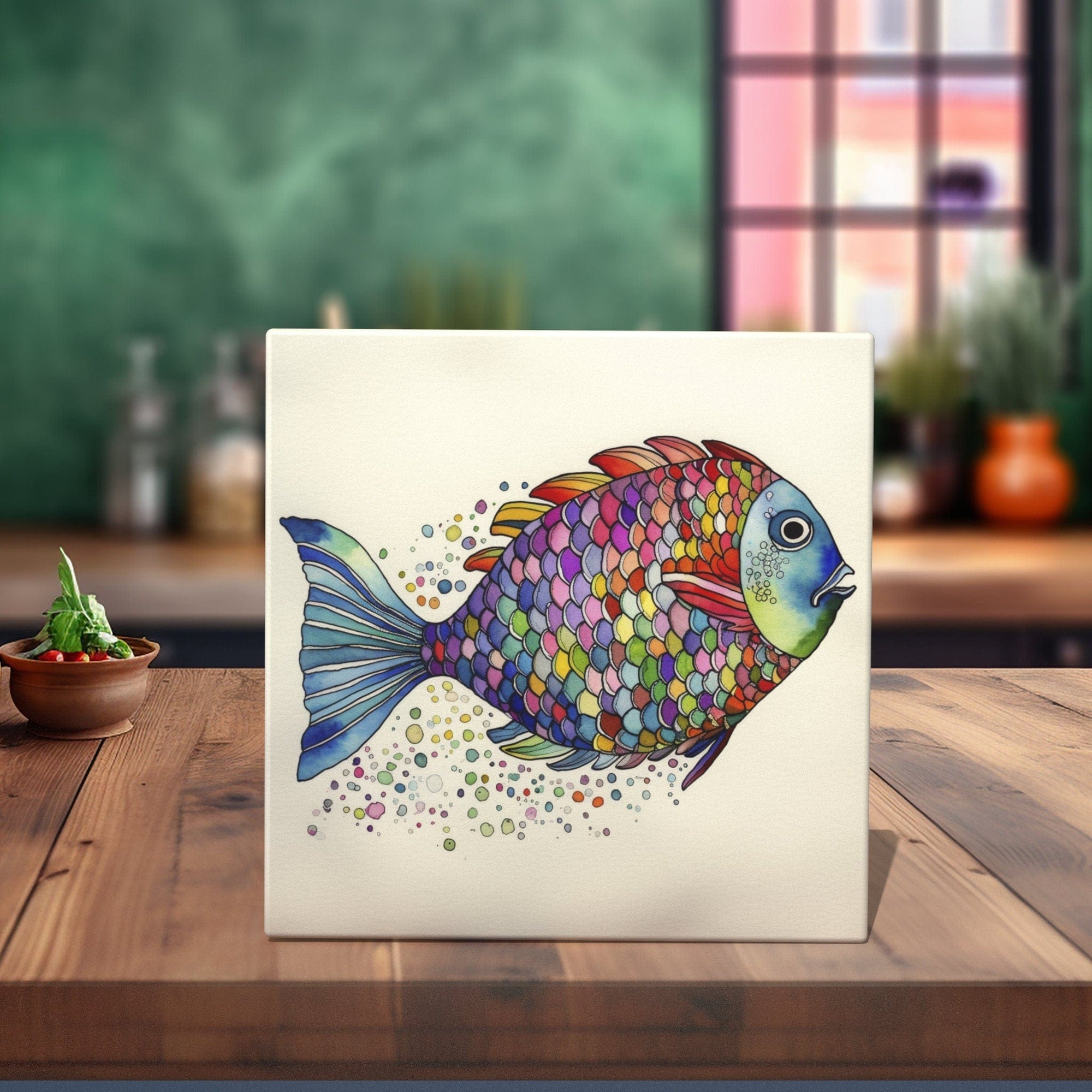 Peeping Tom's Cottage Custom Printed Tile Kaleidoscopic Swimmer: Hand-Painted Rainbow Fish Watercolor Art Tile for Aquatic-Themed Home Decor