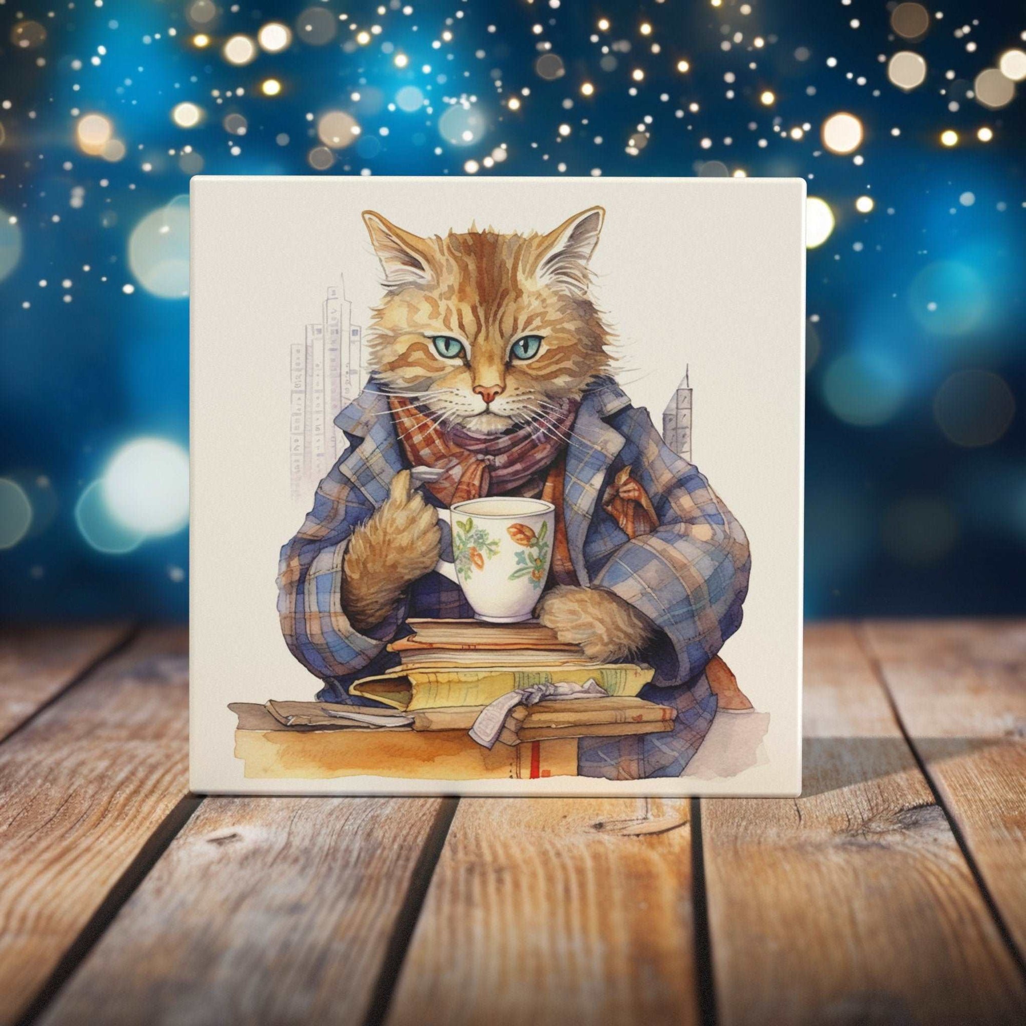 Peeping Tom's Cottage Custom Printed Tile Literary Feline Art Tile - Cozy Cat with Coffee Watercolor Illustration for Book Lovers' Decor