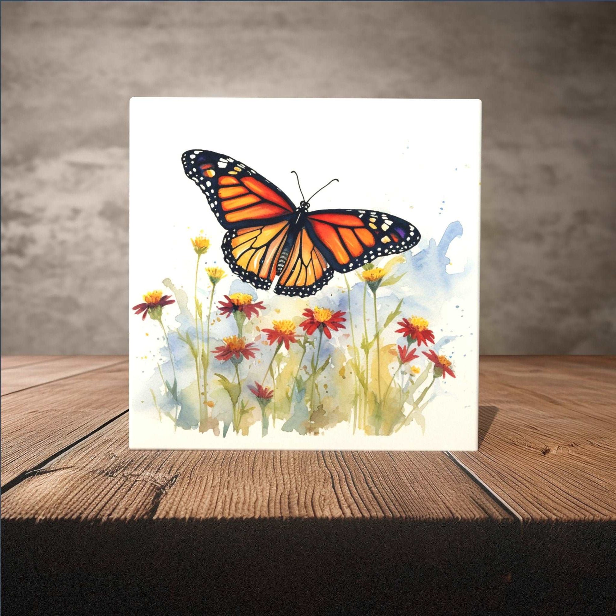 Peeping Tom's Cottage Custom Printed Tile Monarch Butterfly on Wildflowers - Vibrant Watercolor Art Ceramic Tile for Home Decoration