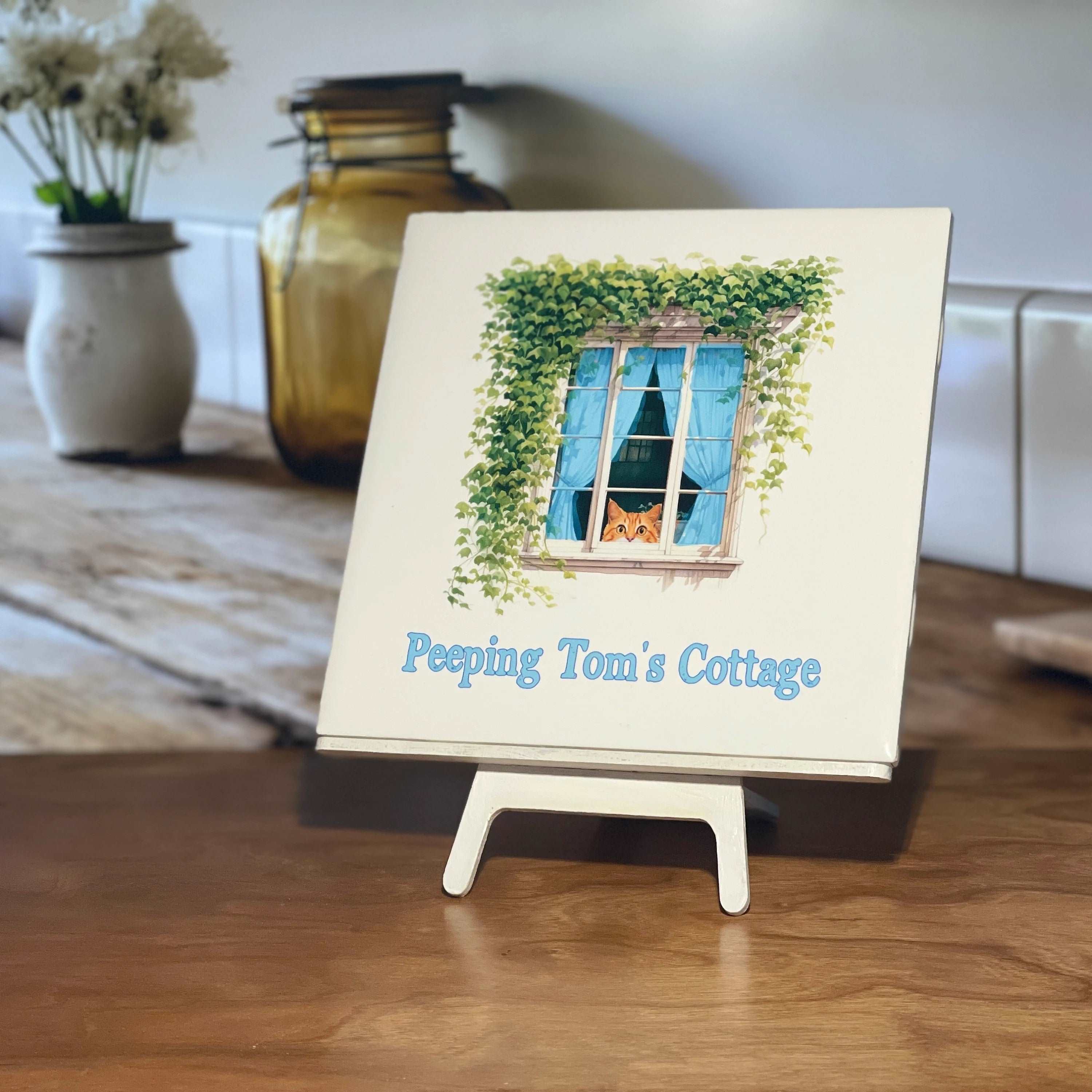 Peeping Tom's Cottage Custom Printed Tile Moonlit Melody: Caroling Cats Handcrafted Art Tile - Whimsical Home Decor