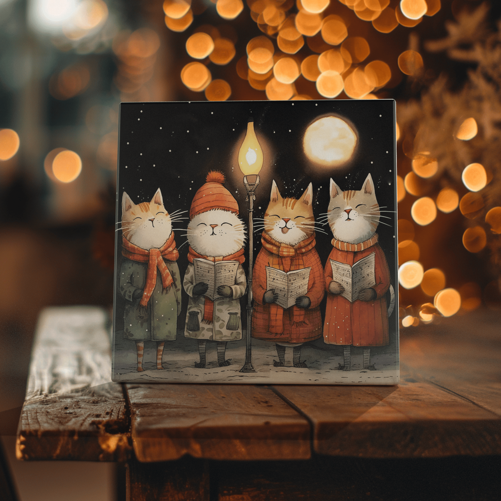 Peeping Tom's Cottage Custom Printed Tile Moonlit Melody: Caroling Cats Handcrafted Art Tile - Whimsical Home Decor
