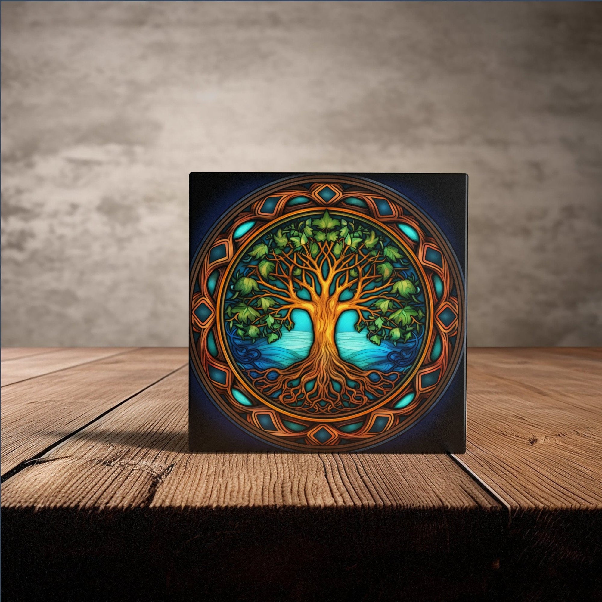 Peeping Tom's Cottage Custom Printed Tile Mystic Arbor Vitae: Illuminated Tree of Life Art Tile for Enchanting Home Accents