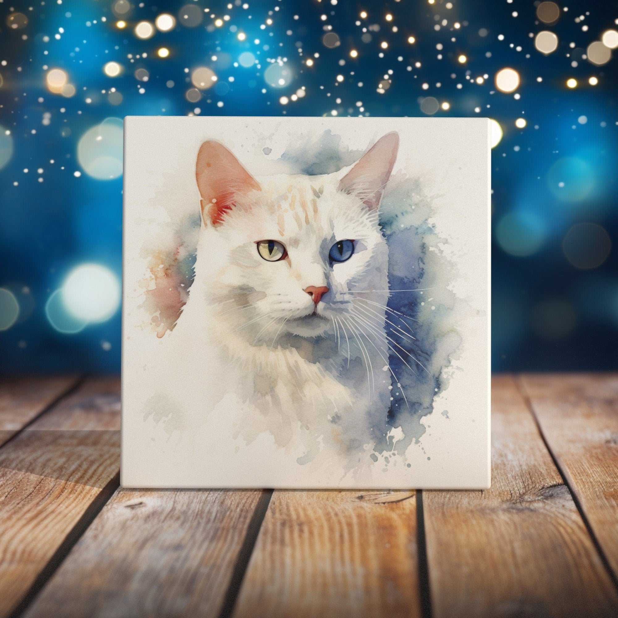Peeping Tom's Cottage Custom Printed Tile Mystic Gaze - Two-Toned Eyes White Cat Watercolor Art Tile for Elegant Decor